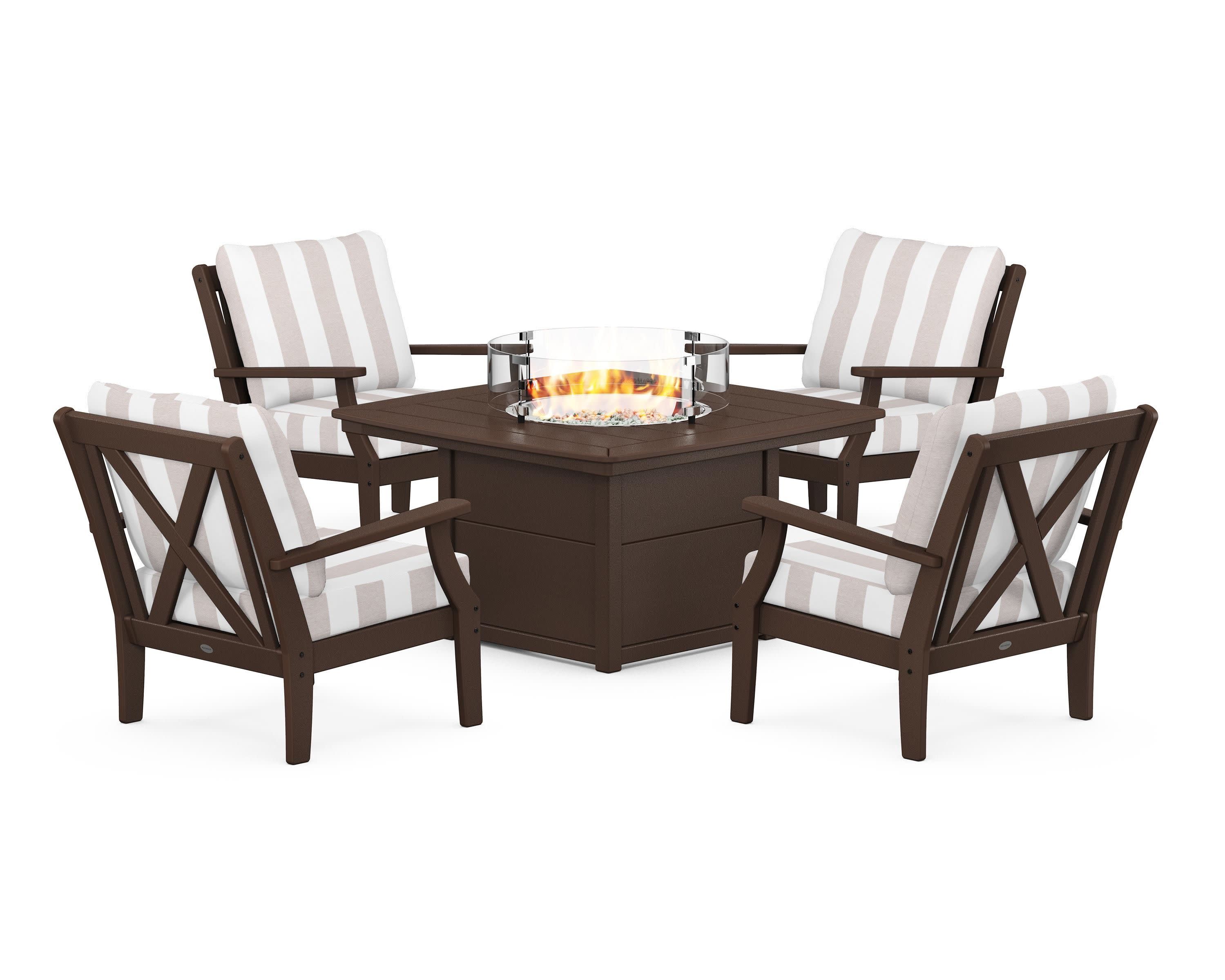 Braxton 5-Piece Deep Seating Conversation Set with Fire Pit Table in Mahogany / Cabana Stripe Dune Burlap