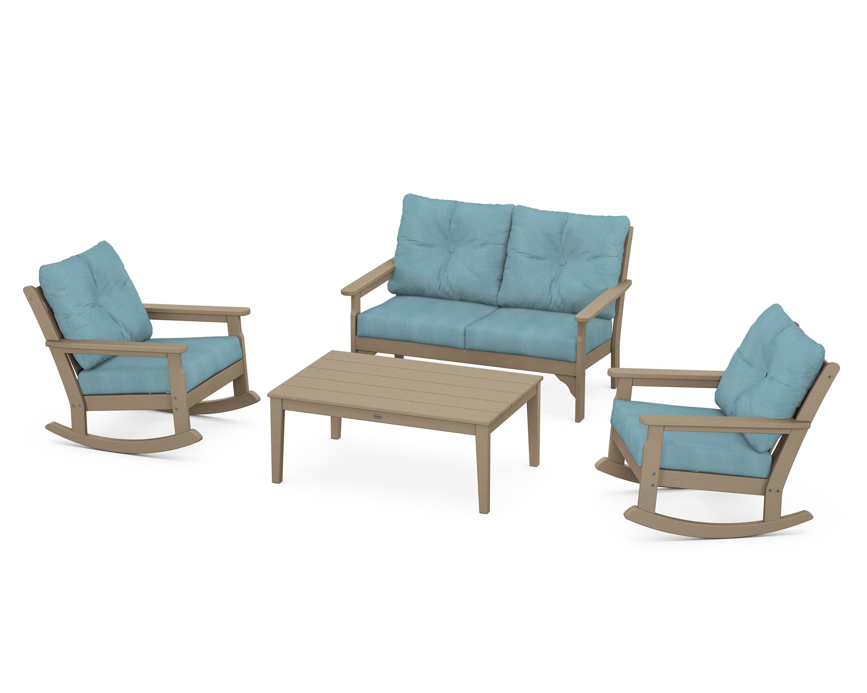Vineyard 4-Piece Deep Seating Rocking Chair Set in Vintage Sahara / Lattice Sky Blue