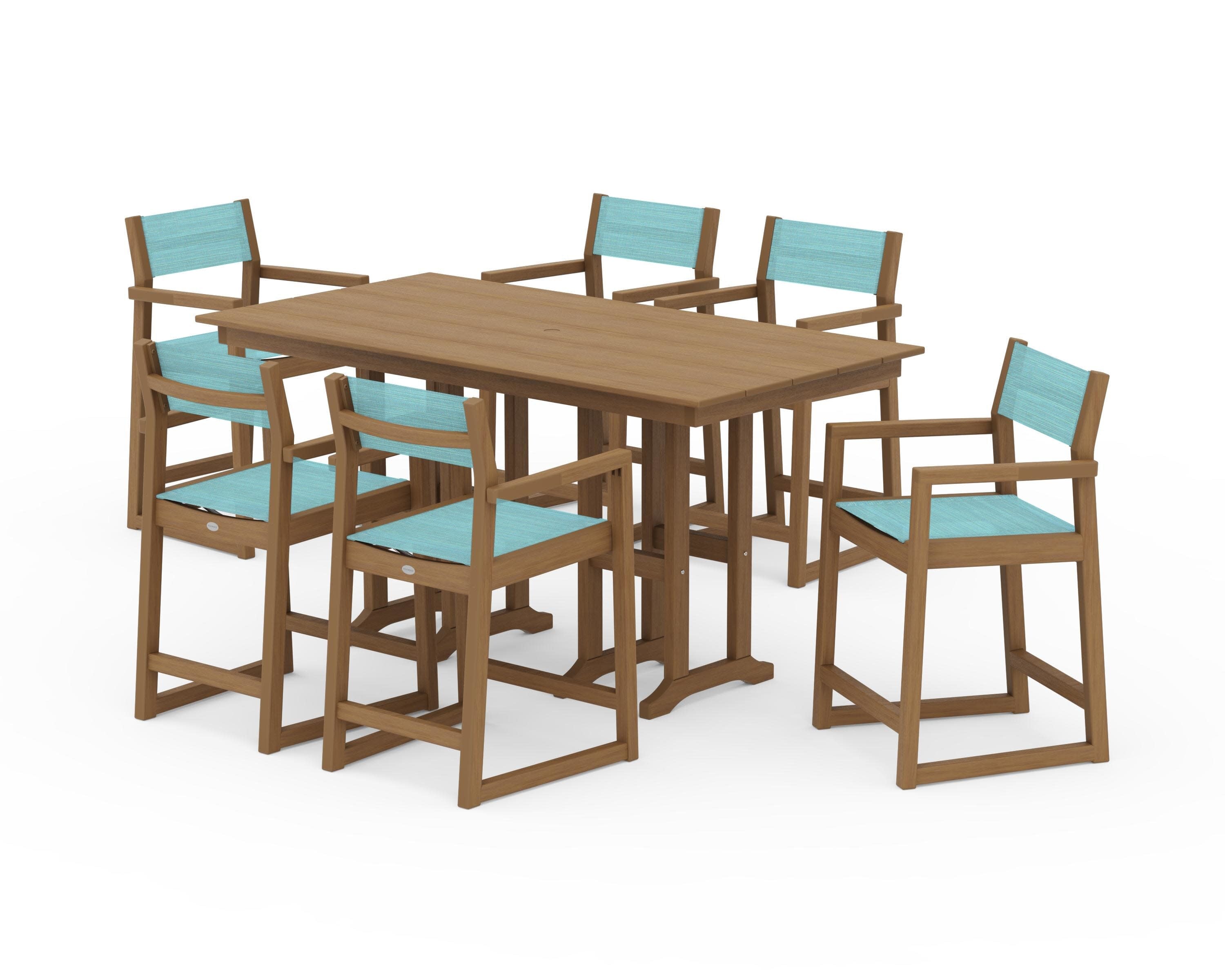 EDGE Sling Arm Chair 7-Piece Farmhouse Counter Set in Natural / Dupioni Aquamarine Sling