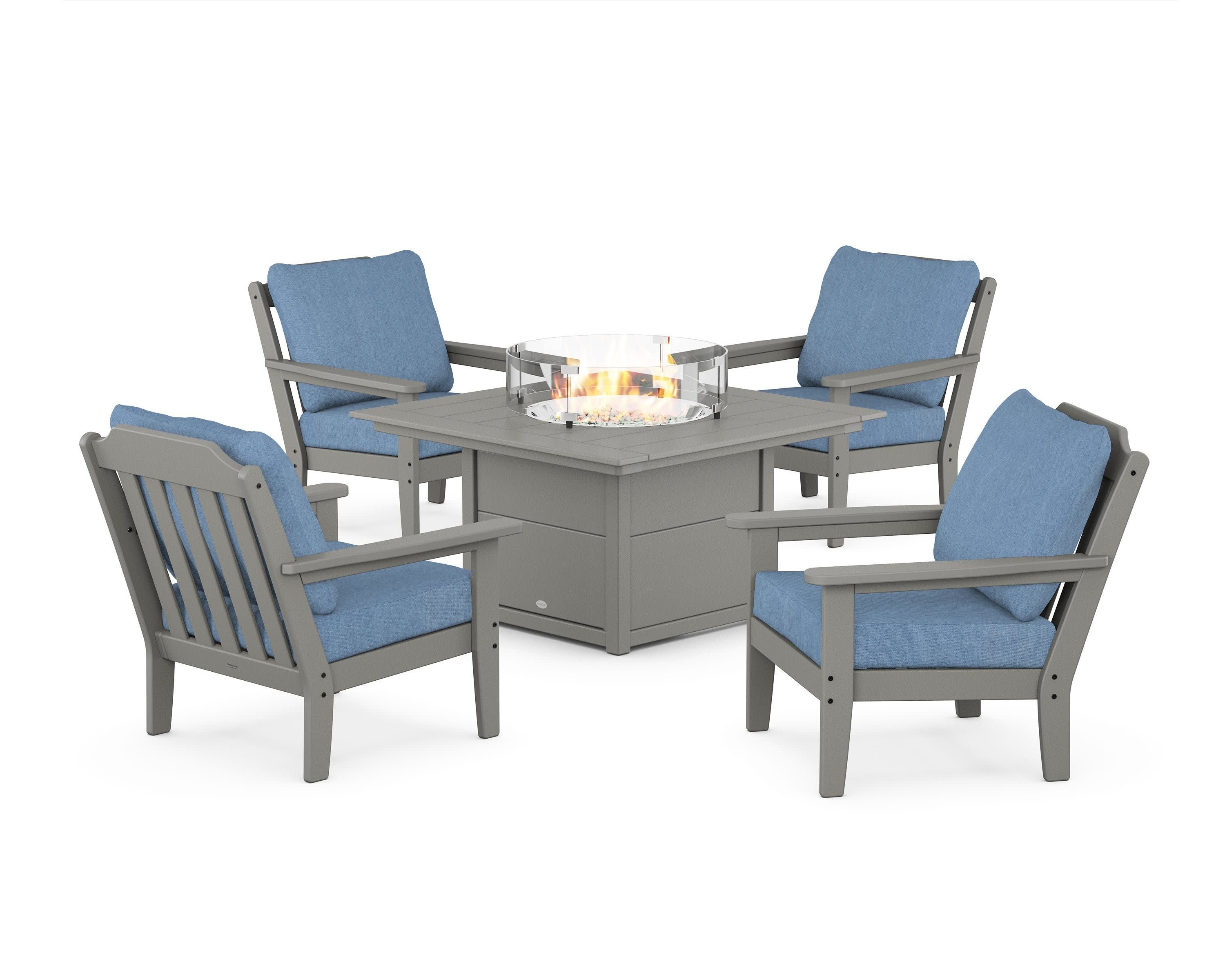 Cottage 5-Piece Deep Seating Set with Fire Pit Table in Slate Grey / Sky Blue