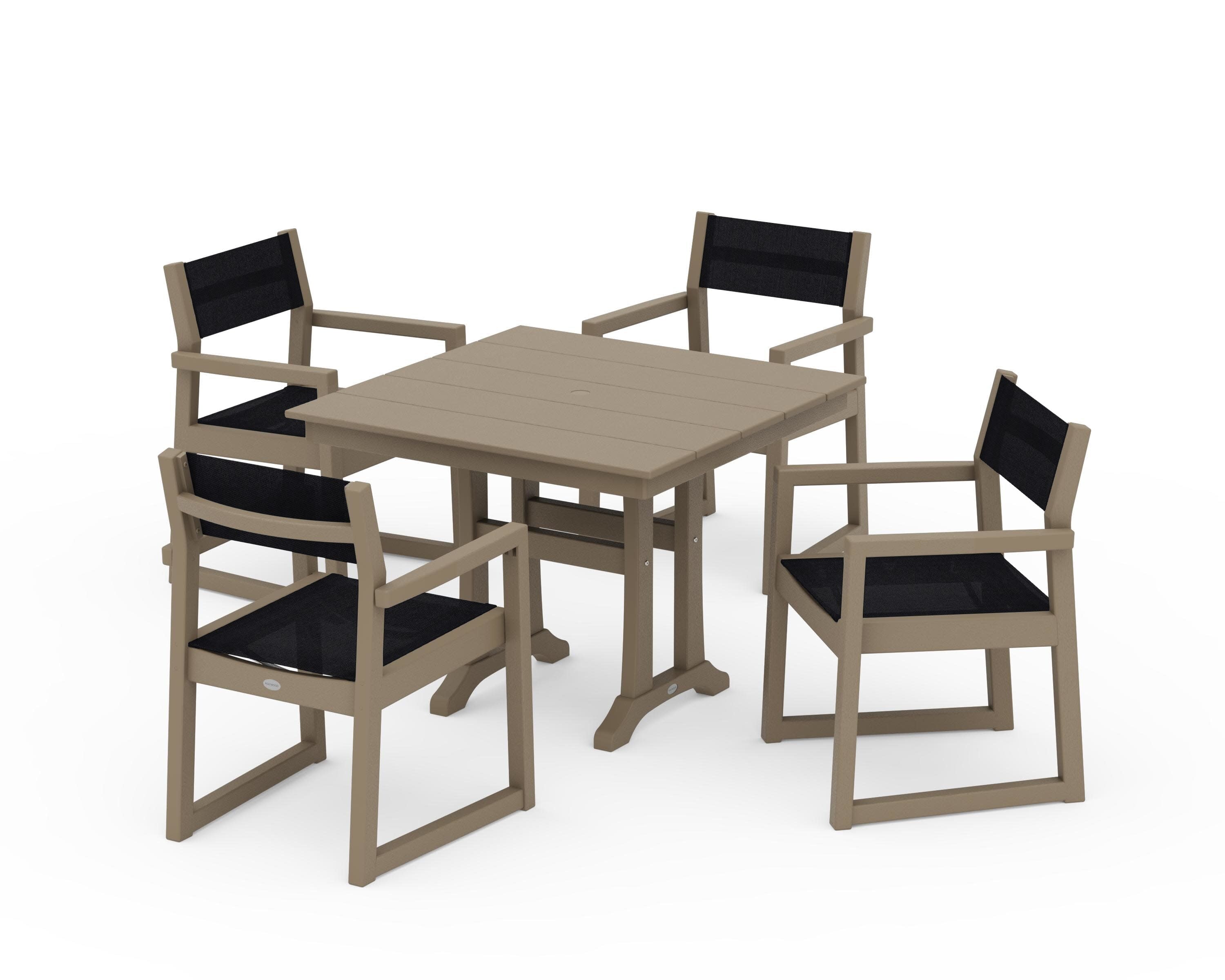 EDGE Sling 5-Piece Farmhouse Dining Set with Trestle Legs in Vintage Sahara / Black Sling