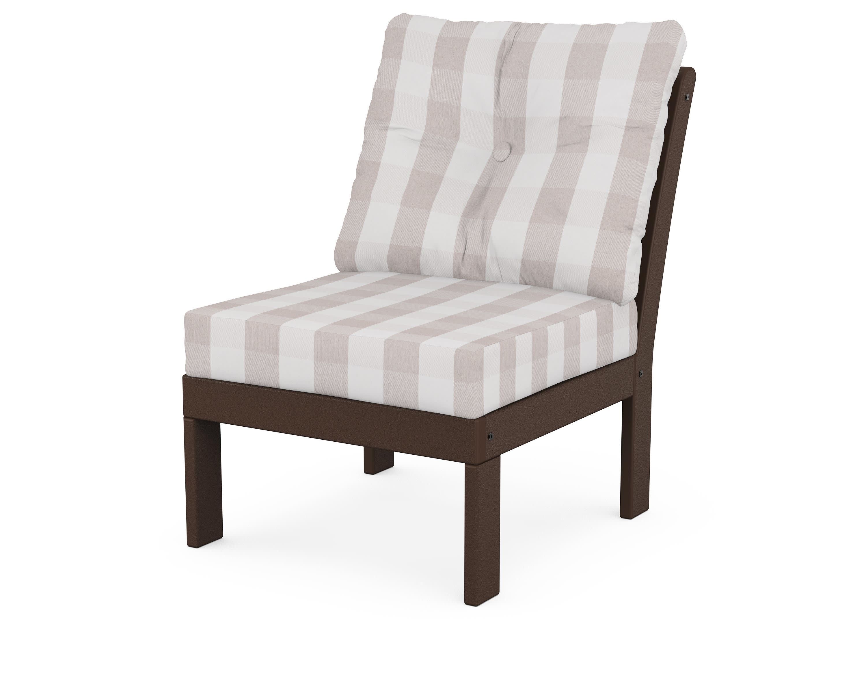 Vineyard Modular Armless Chair in Mahogany / Buffalo Plaid Dune Burlap