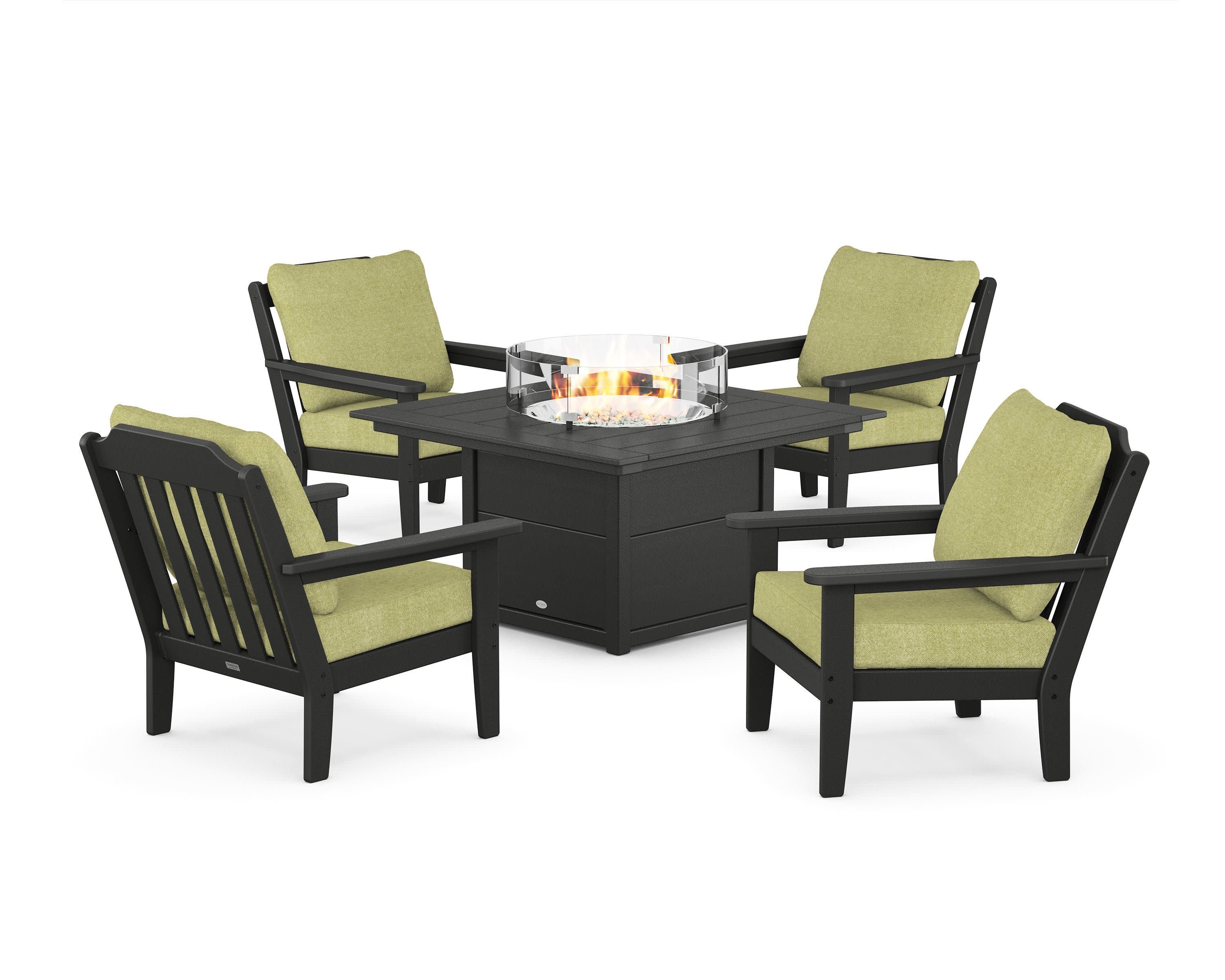 Cottage 5-Piece Deep Seating Set with Fire Pit Table in Black / Chartreuse Boucle