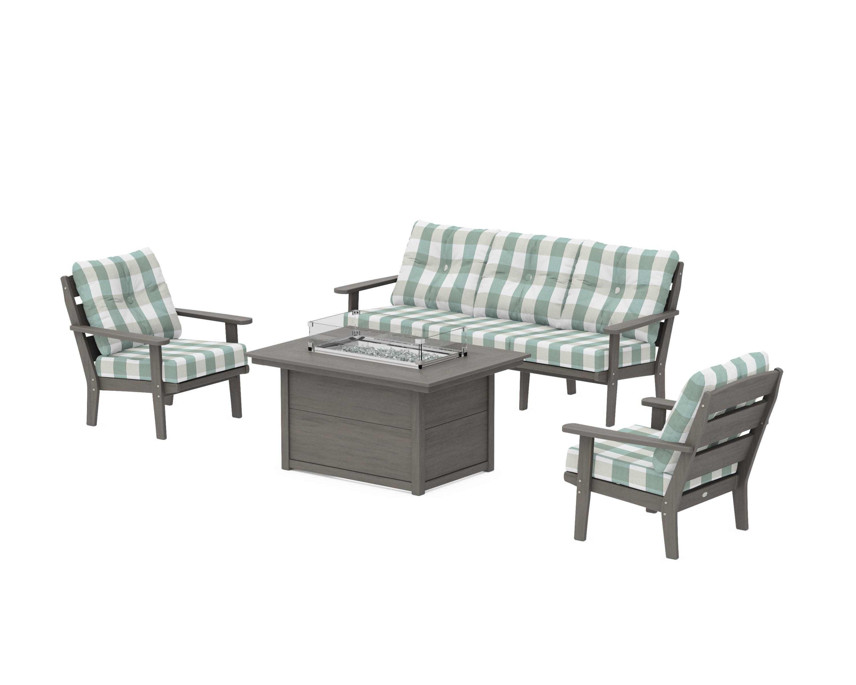 Lakeside Deep Seating Fire Pit Table Set in Driftwood / Buffalo Plaid Glacier Spa