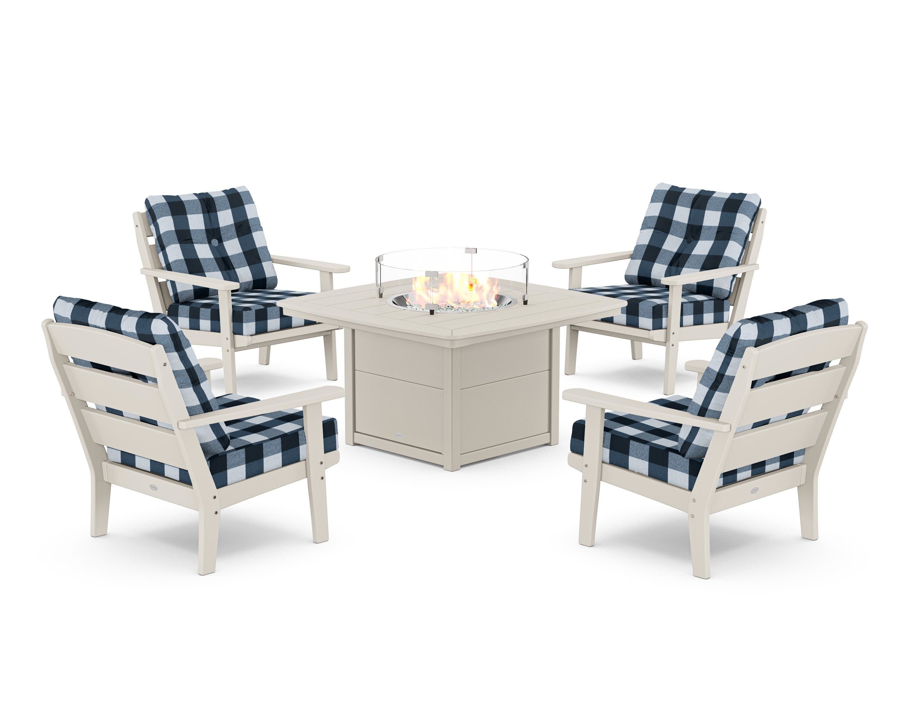 Lakeside 5-Piece Deep Seating Set with Nautical Fire Pit Table in Sand / Buffalo Plaid Marine Indigo