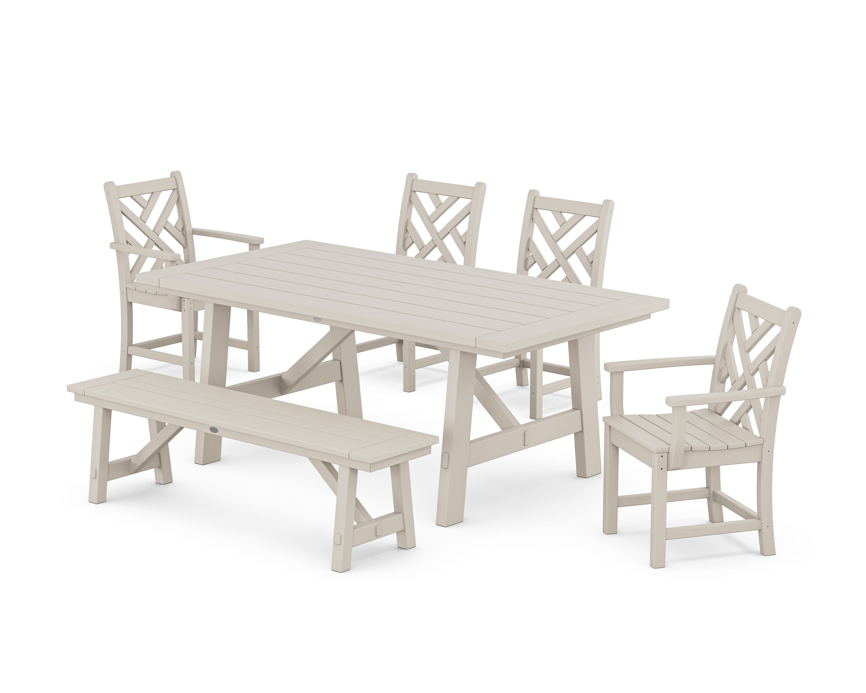 Chippendale 6-Piece Rustic Farmhouse Dining Set With Bench in Sand