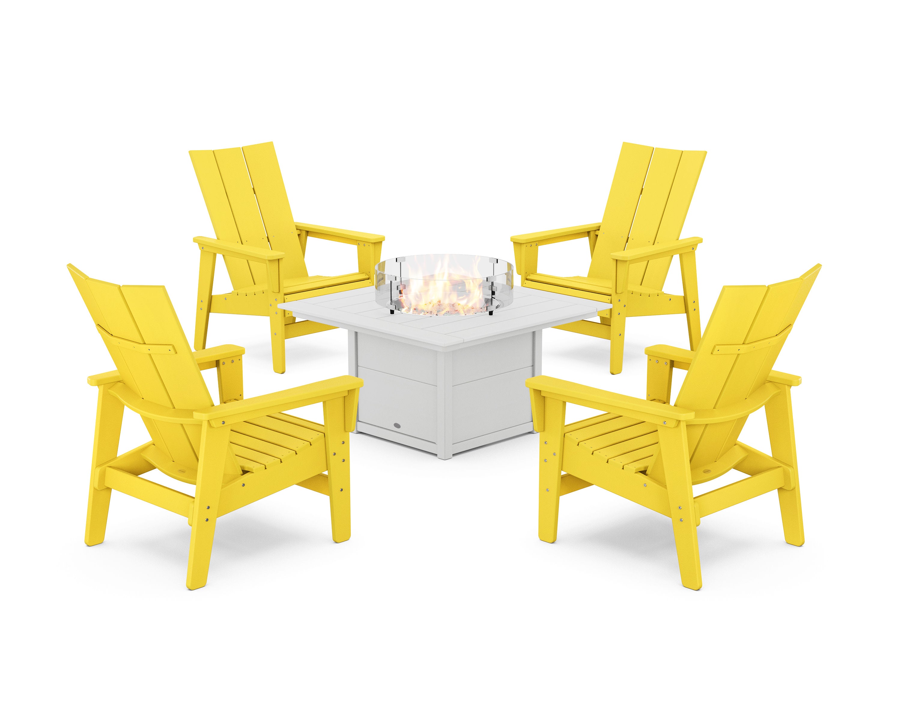 5-Piece Modern Grand Upright Adirondack Conversation Set with Fire Pit Table in Lemon / White