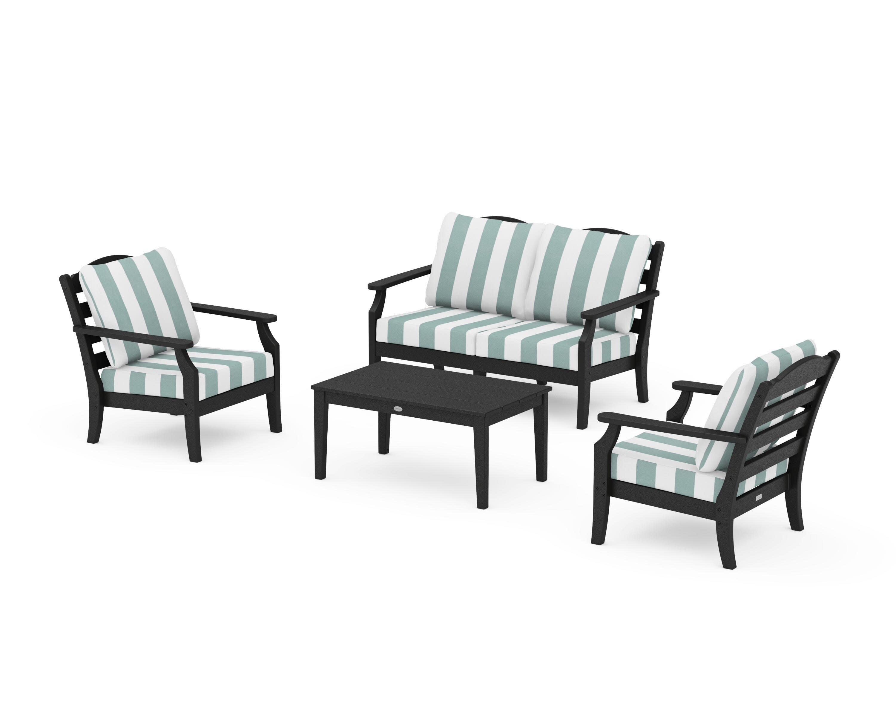 Savannah 4-Piece Deep Seating Set with Loveseat in Black / Cabana Stripe Glacier Spa