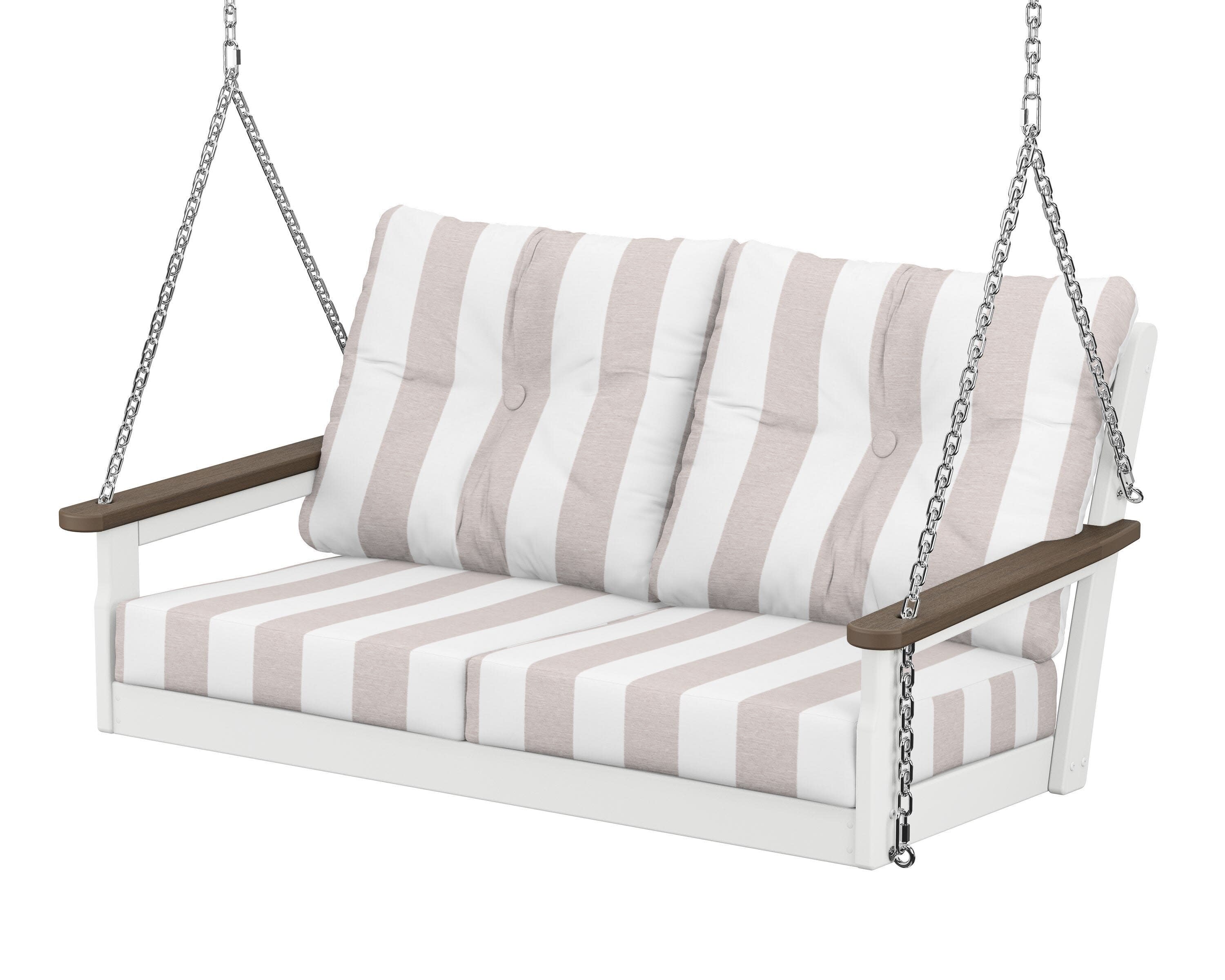 Vineyard Deep Seating Swing in White / Kona / Cabana Stripe Dune Burlap