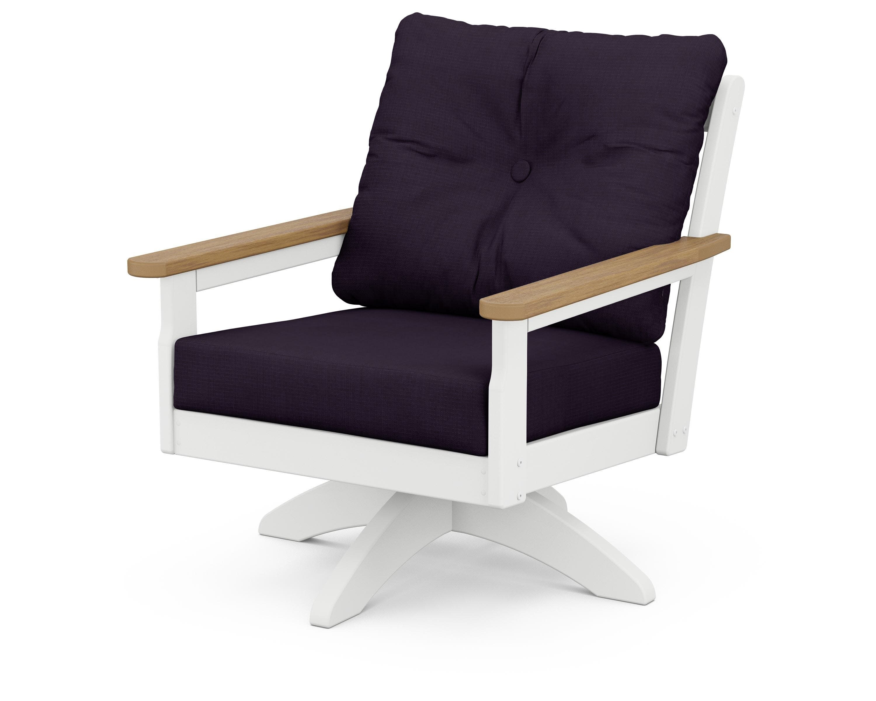 Vineyard Deep Seating Swivel Chair in White / Natural / Navy Linen