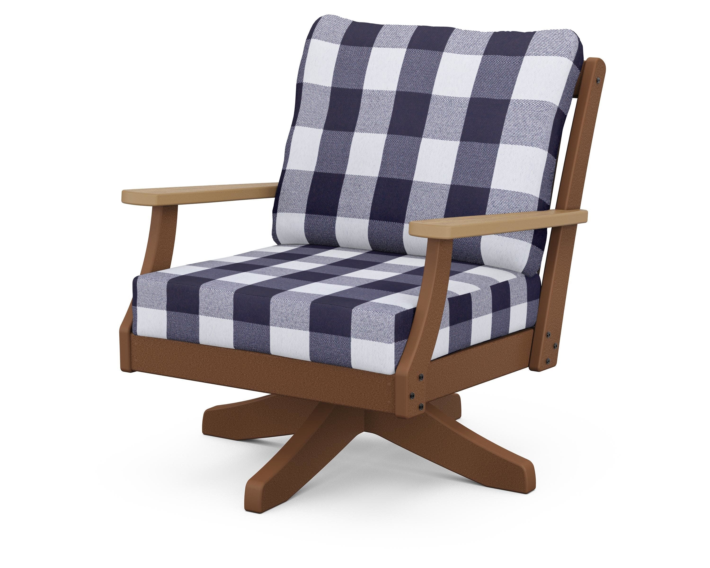 Braxton Deep Seating Swivel Chair in Teak / Natural / Buffalo Plaid Navy