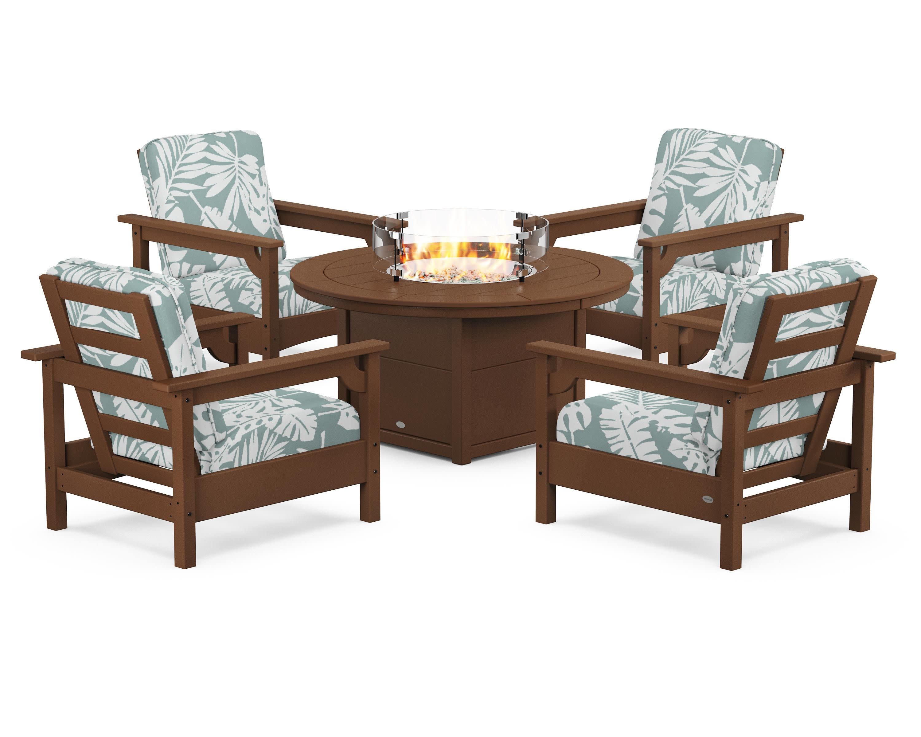Club 5-Piece Conversation Set with Fire Pit Table in Teak / Leaf Glacier Spa