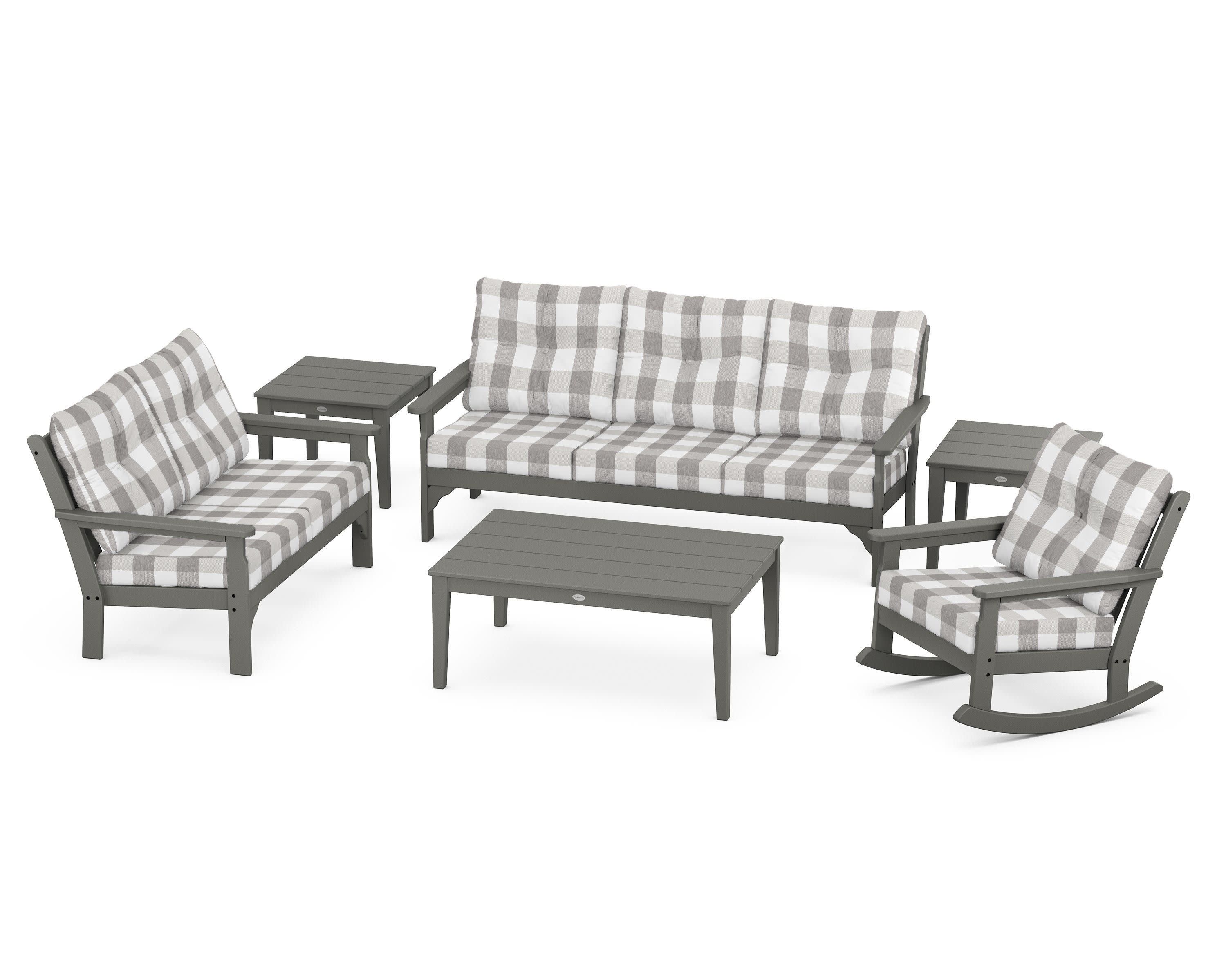 Vineyard 6-Piece Deep Seating Set in Slate Grey / Buffalo Plaid Grey Mist