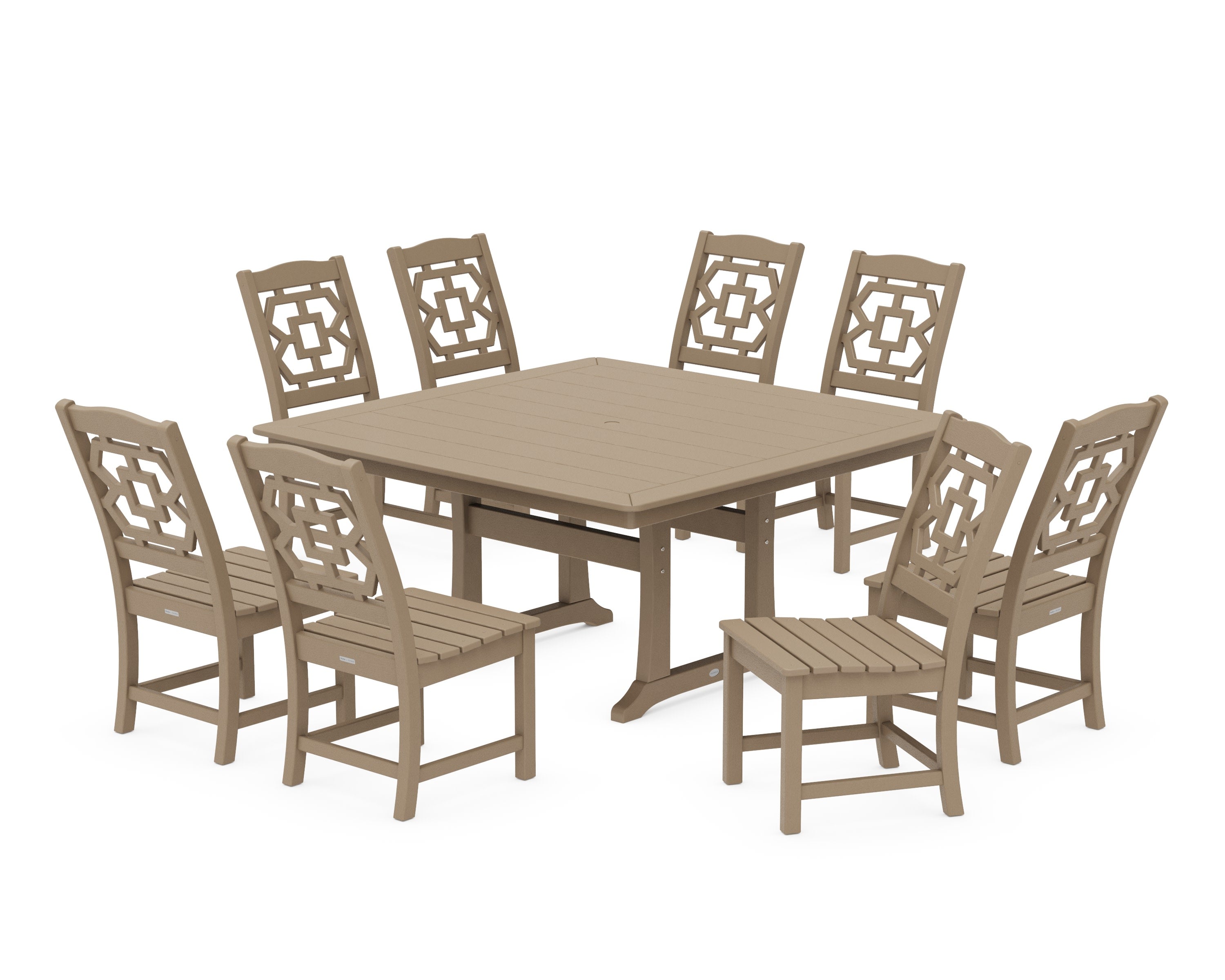 Chinoiserie 9-Piece Square Side Chair Dining Set with Trestle Legs in Vintage Sahara