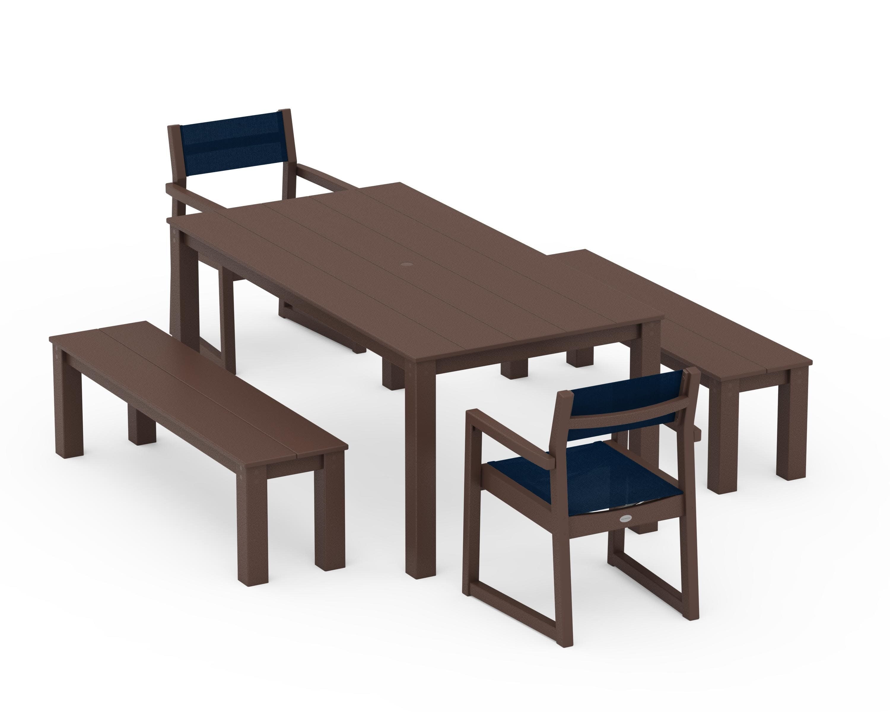 EDGE Sling Arm Chair 5-Piece Parsons Dining Set with Benches in Mahogany / Navy Blue Sling