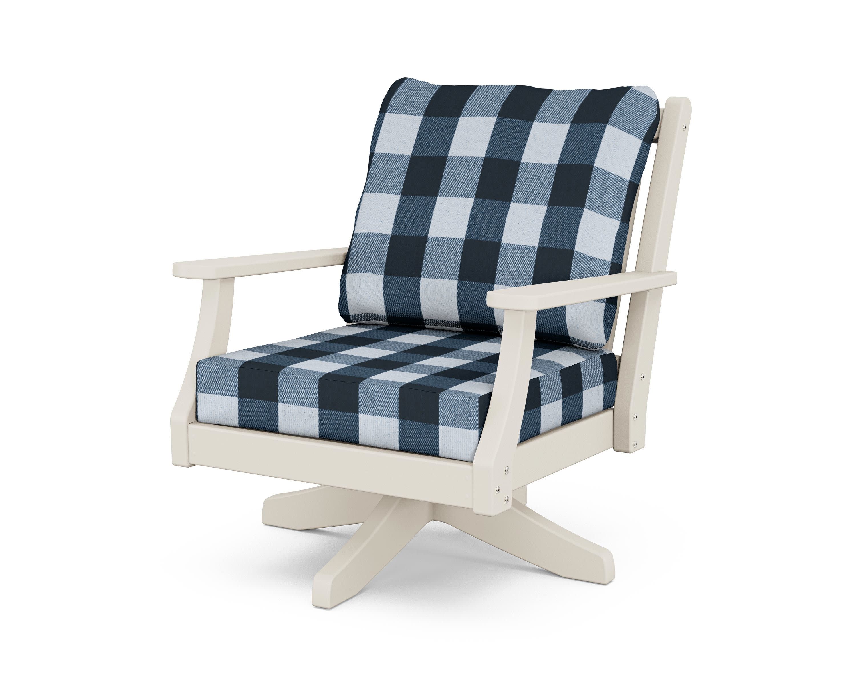 Wovendale Deep Seating Swivel Chair in Sand / Buffalo Plaid Marine Indigo