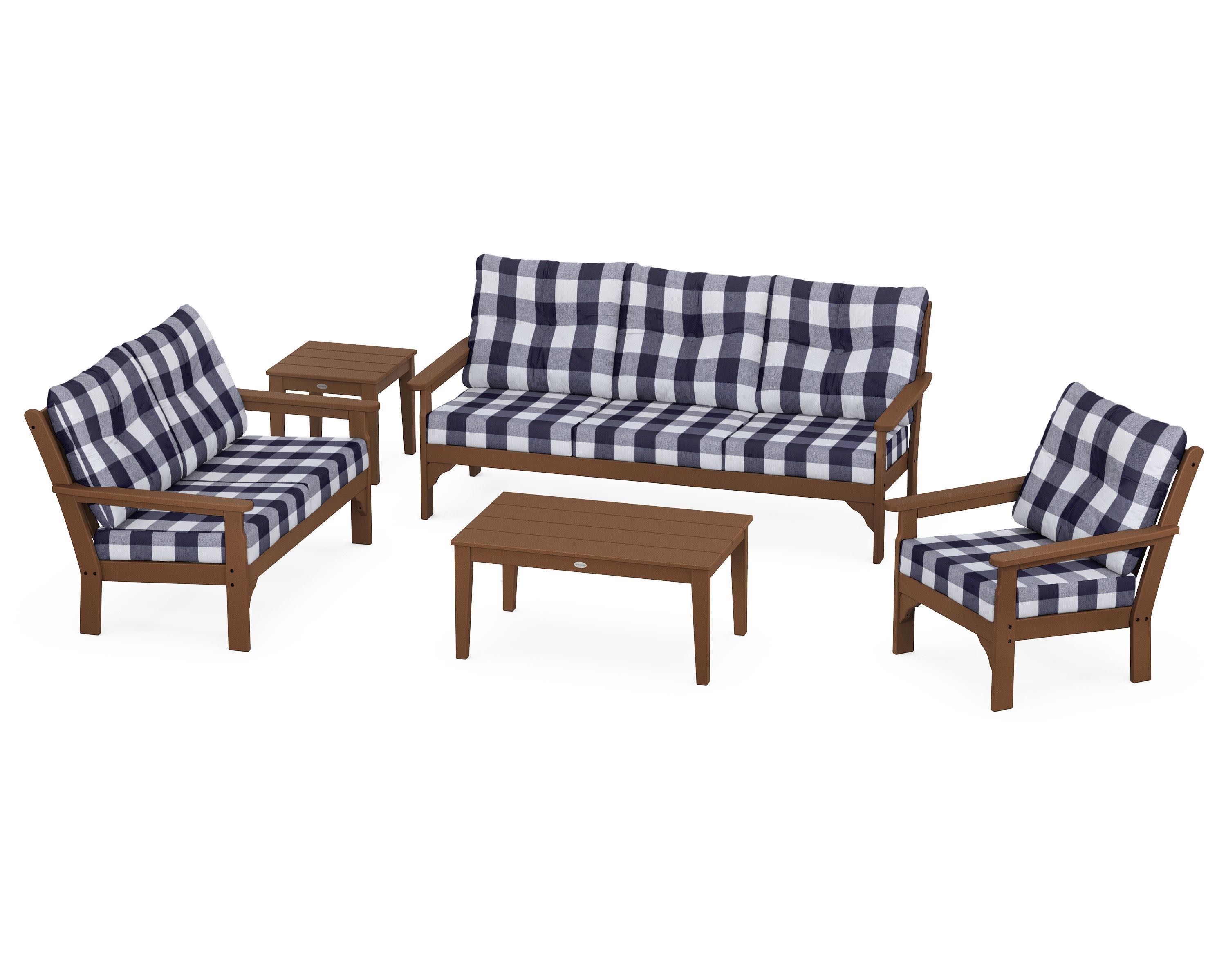 Vineyard 5 Piece Deep Seating Set in Teak / Buffalo Plaid Navy