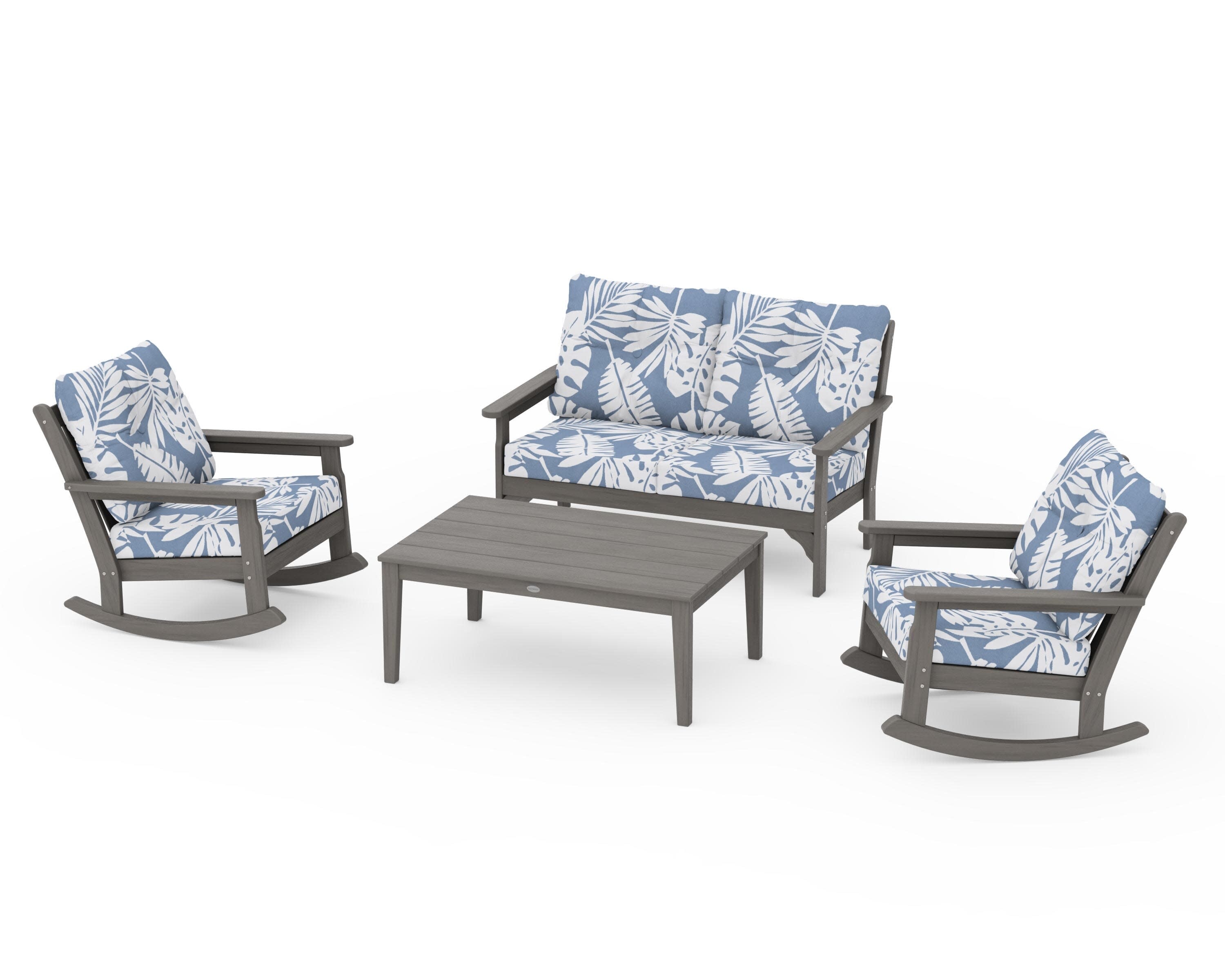 Vineyard 4-Piece Deep Seating Rocking Chair Set in Driftwood / Leaf Sky Blue
