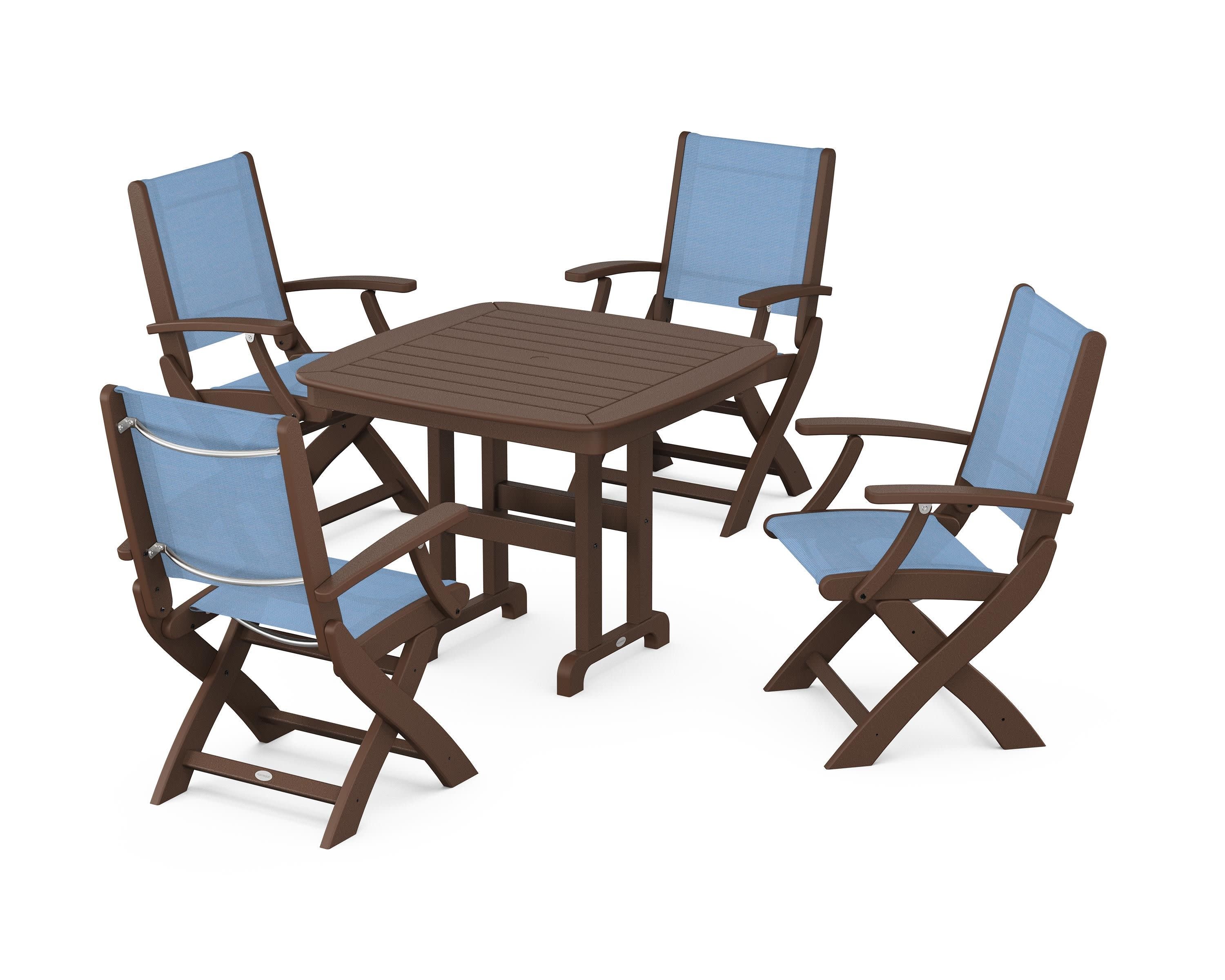 Coastal Folding Chair 5-Piece Dining Set in Mahogany / Poolside Sling