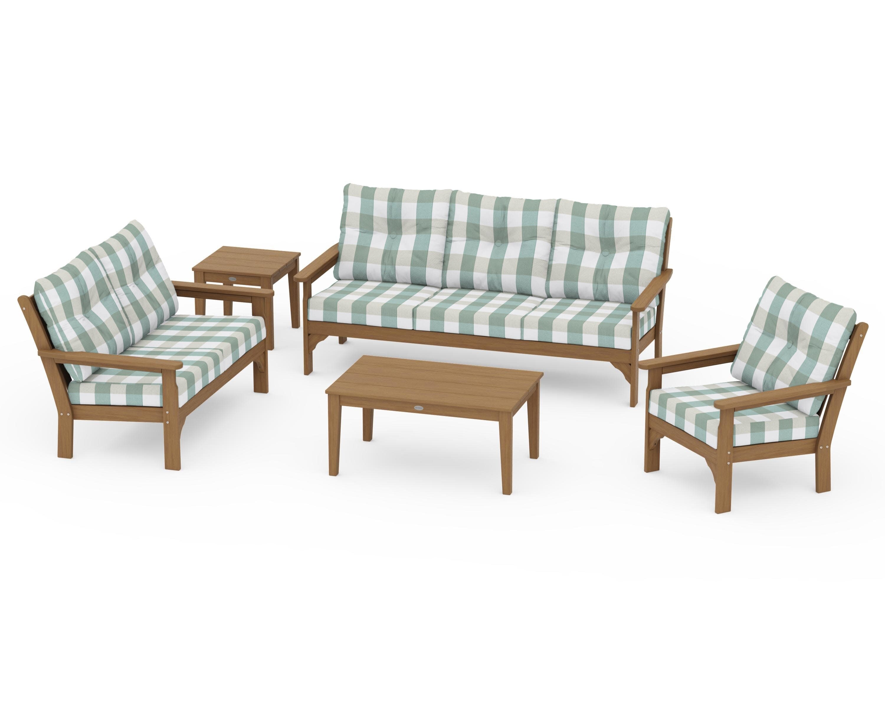 Vineyard 5 Piece Deep Seating Set in Natural / Buffalo Plaid Glacier Spa