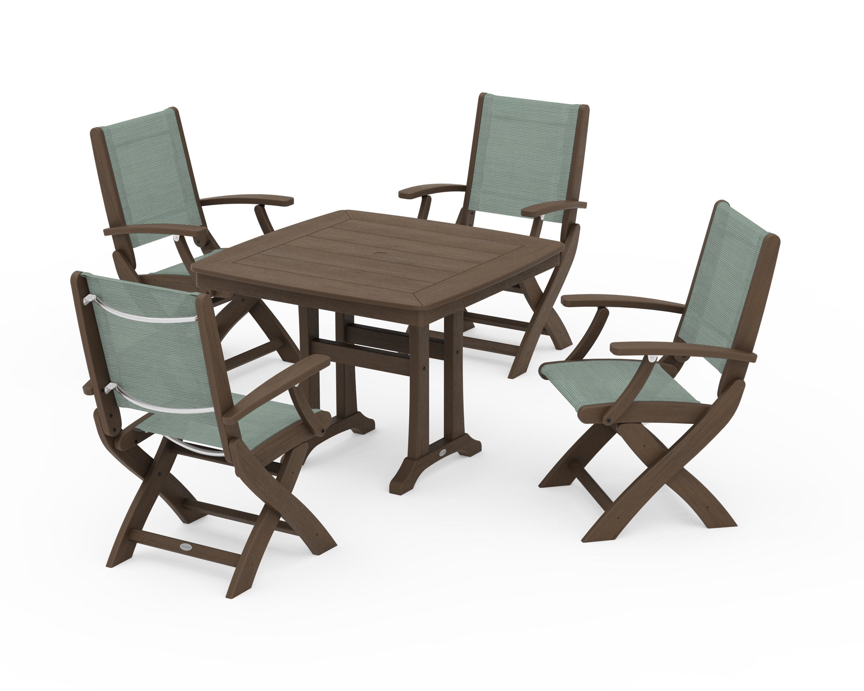 Coastal Folding Chair 5-Piece Dining Set with Trestle Legs in Kona / Dupioni Sea Mist Sling