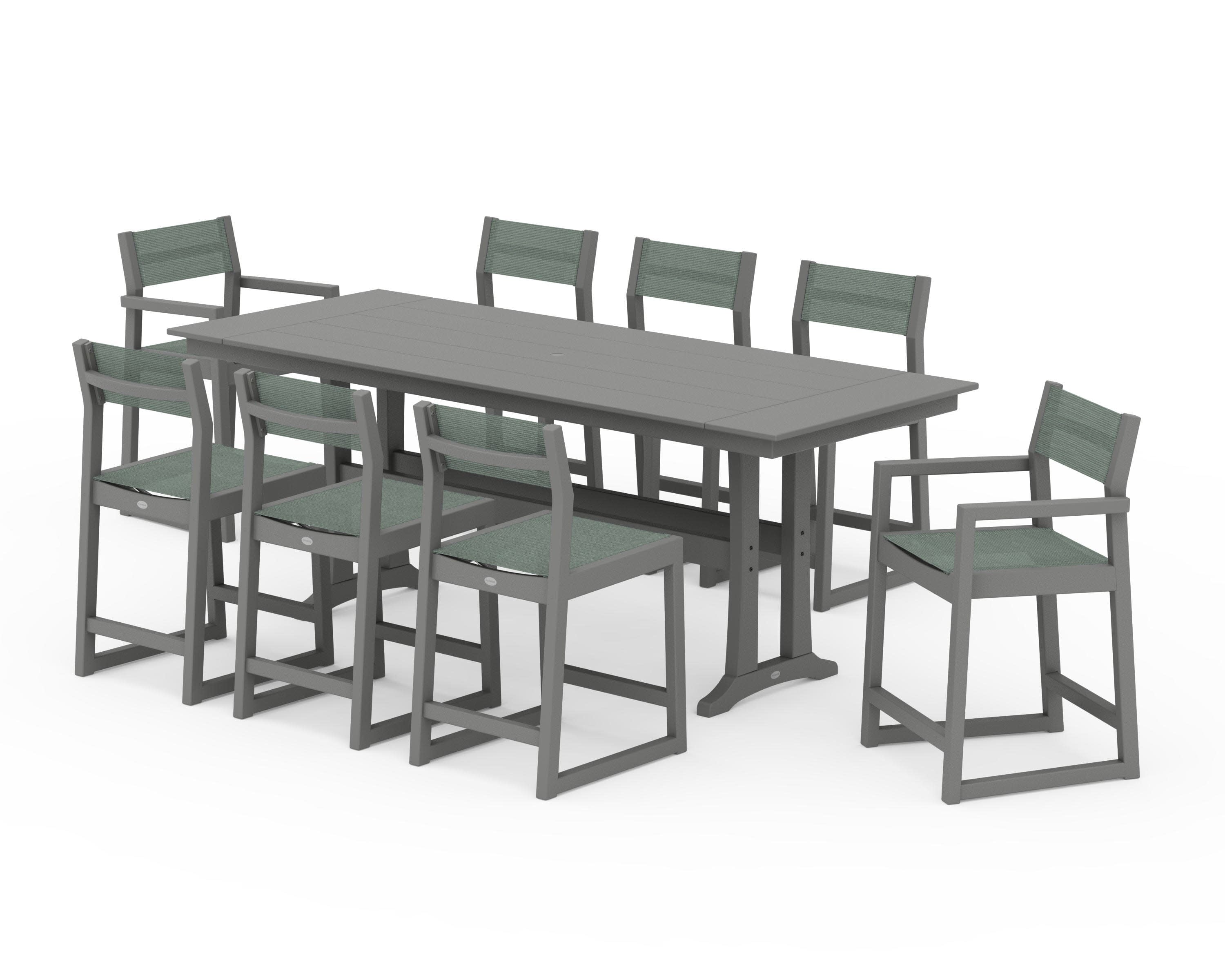 EDGE Sling 9-Piece Farmhouse Counter Set with Trestle Legs in Slate Grey / Dupioni Sea Mist Sling
