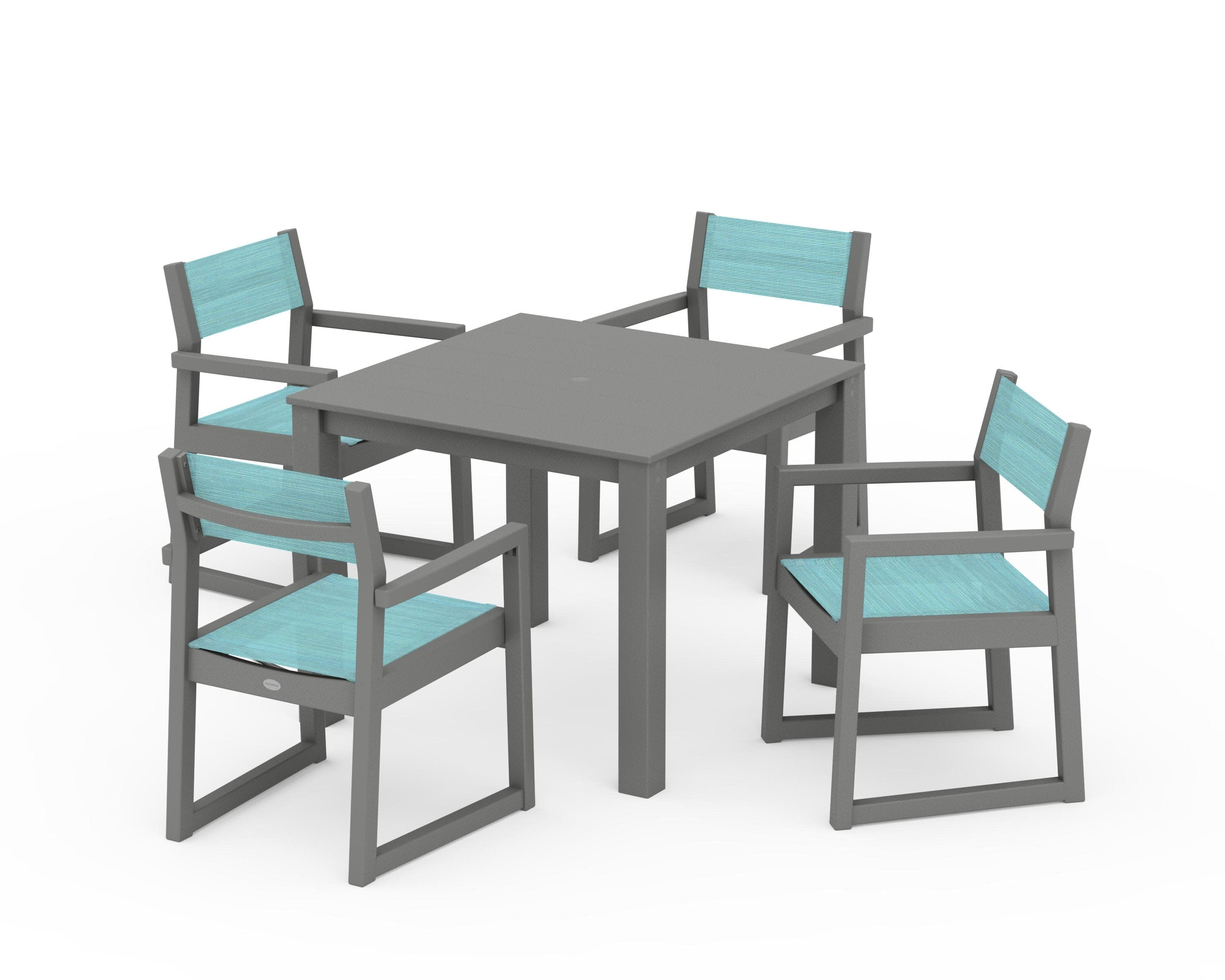 EDGE Sling Arm Chair 5-Piece Parsons Dining Set in Slate Grey / Dupioni Aquamarine Sling