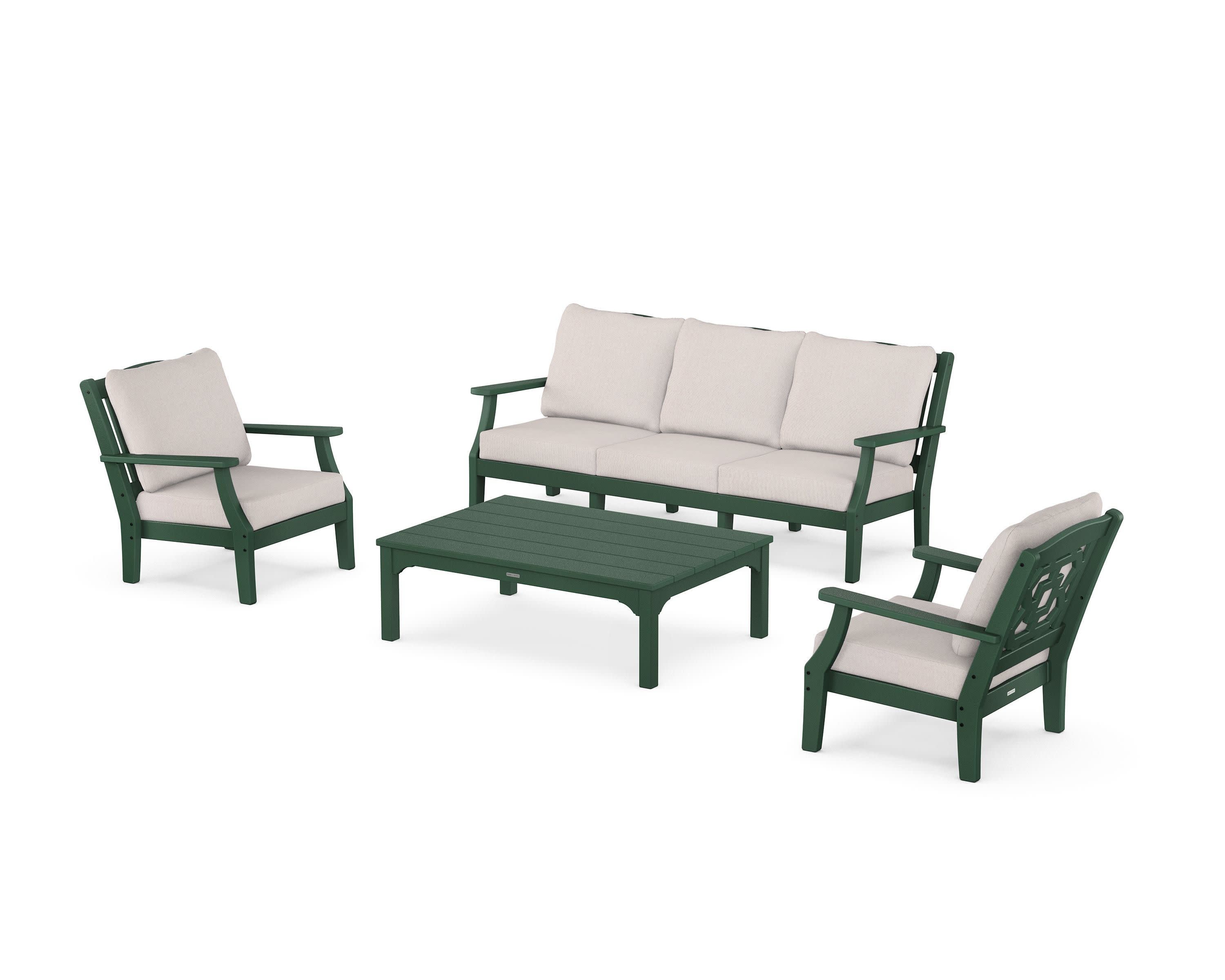 Chinoiserie 4-Piece Deep Seating Set with Sofa in Green / Dune Burlap