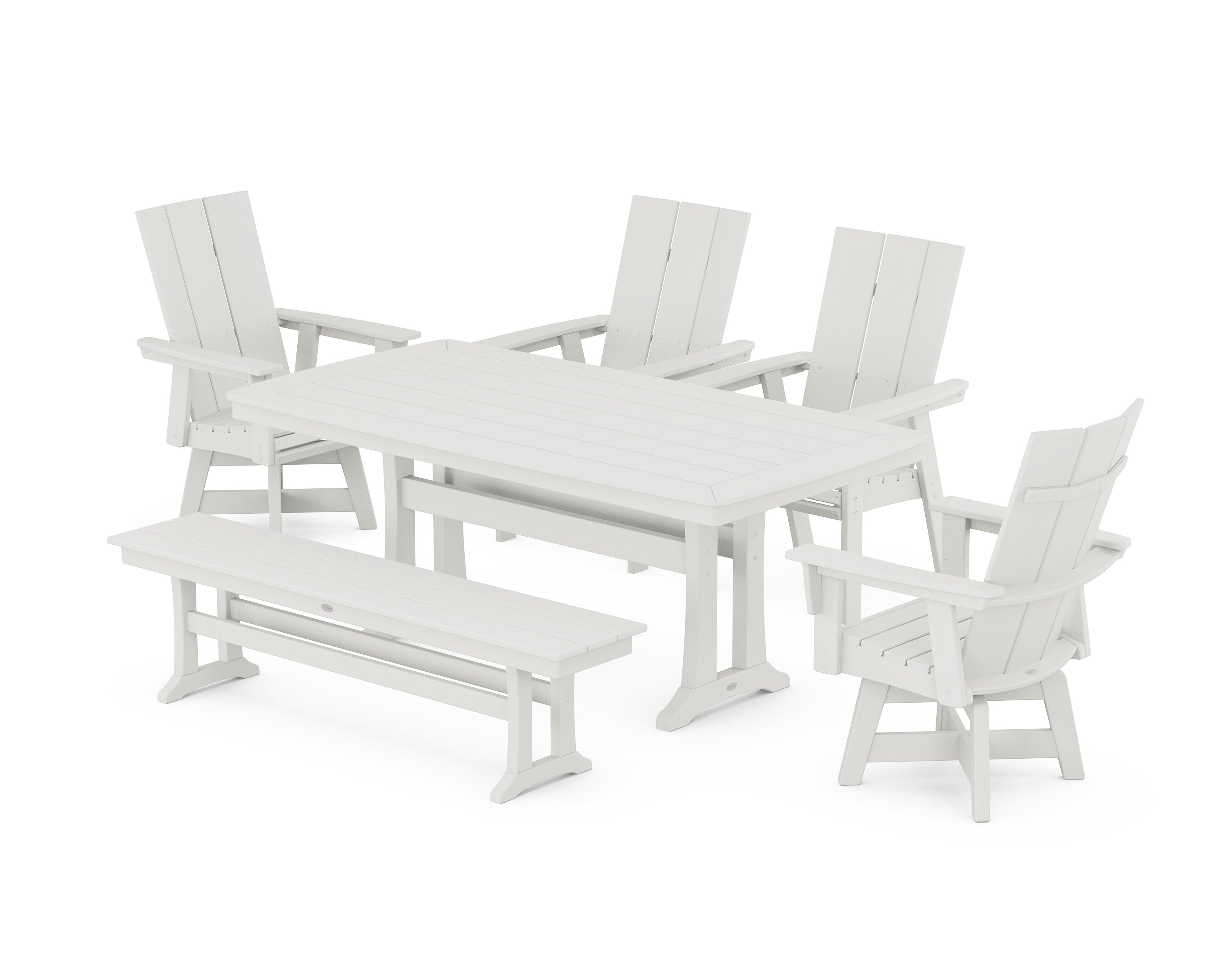 Modern Curveback Adirondack Swivel Chair 6-Piece Dining Set with Trestle Legs and Bench in Vintage White