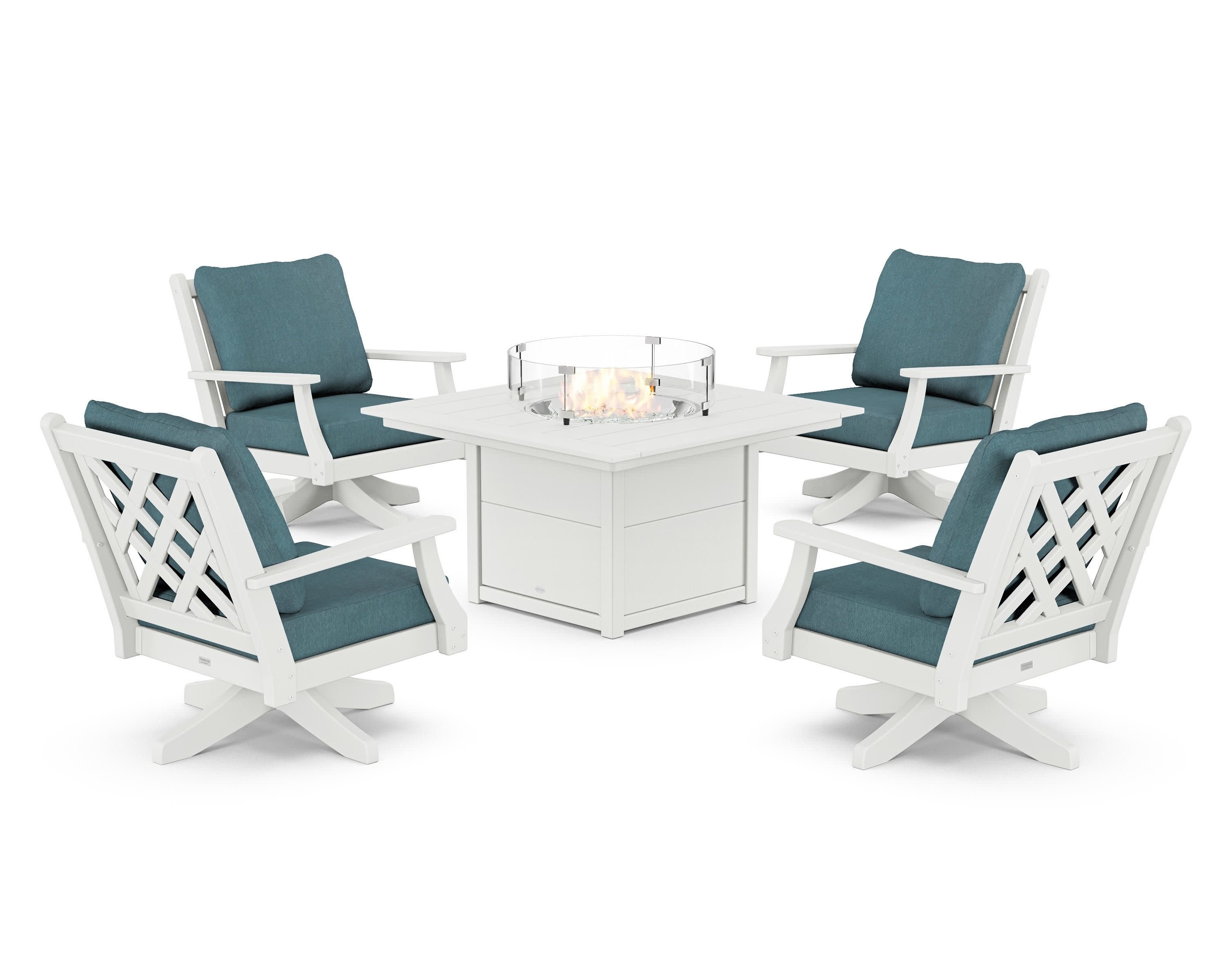 Wovendale 5-Piece Deep Seating Swivel Conversation Set with Fire Pit Table in White / Ocean Teal