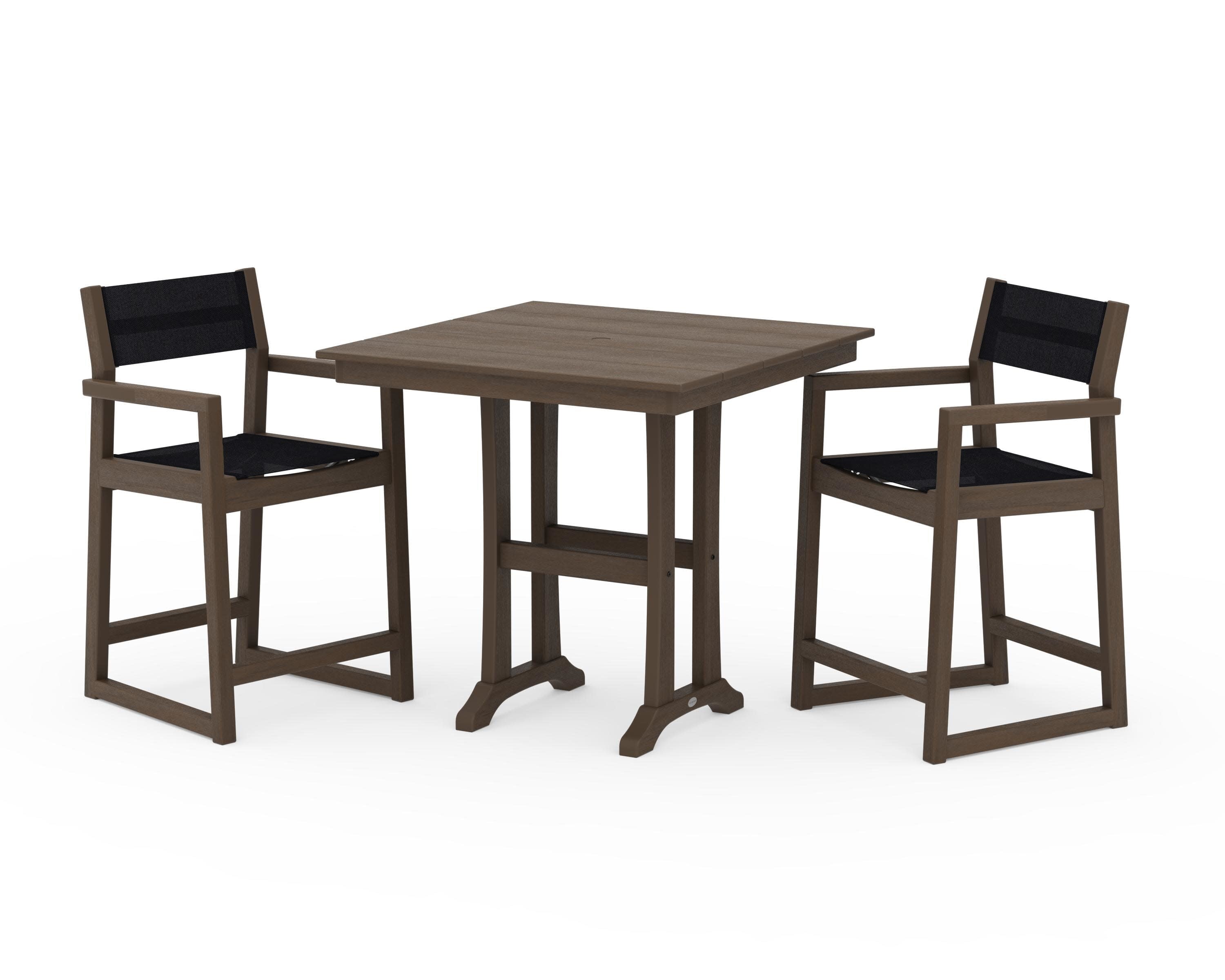 EDGE Sling Arm Chair 3-Piece Farmhouse Counter Set with Trestle Legs in Kona / Black Sling