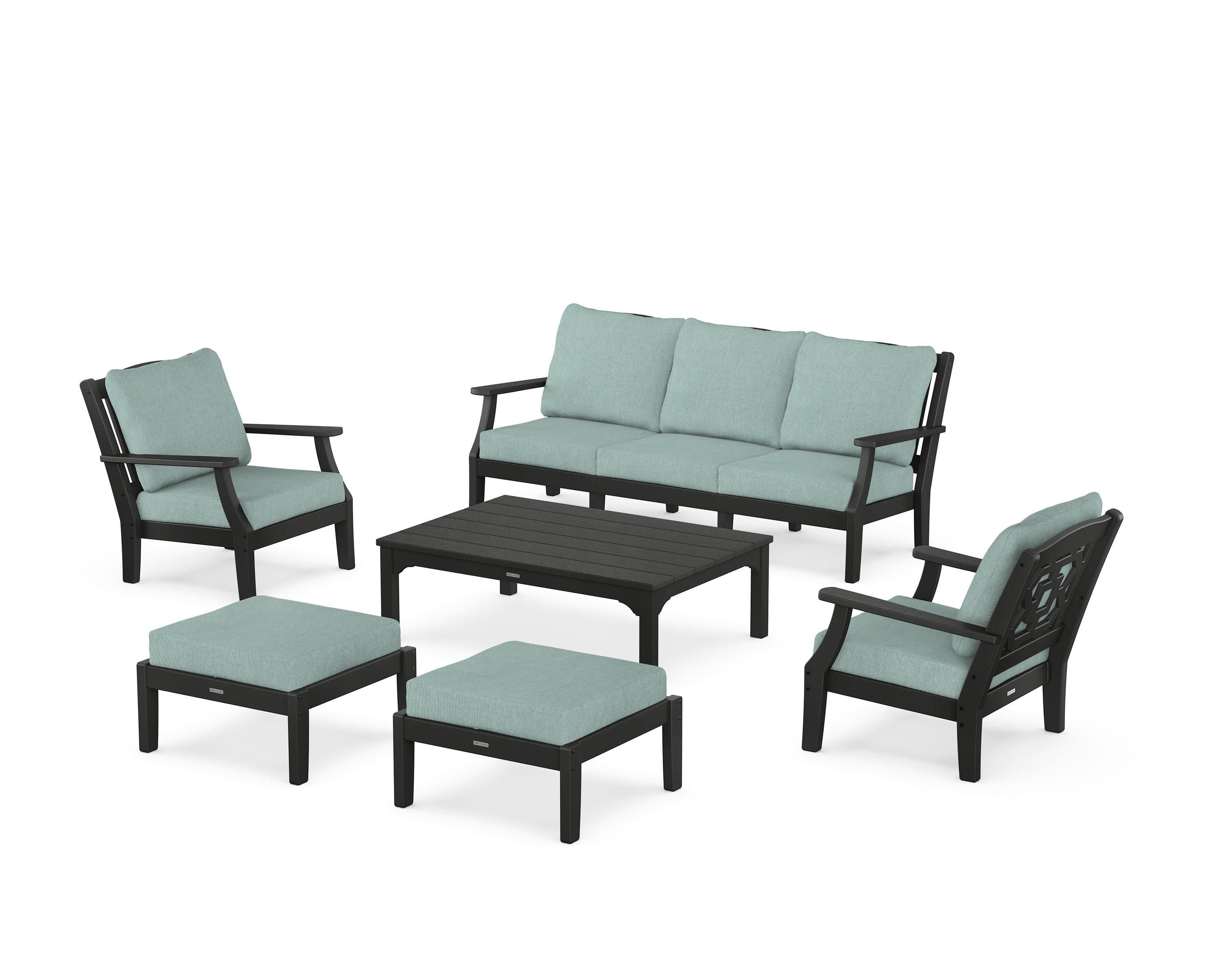 Chinoiserie 6-Piece Lounge Sofa Set in Black / Glacier Spa