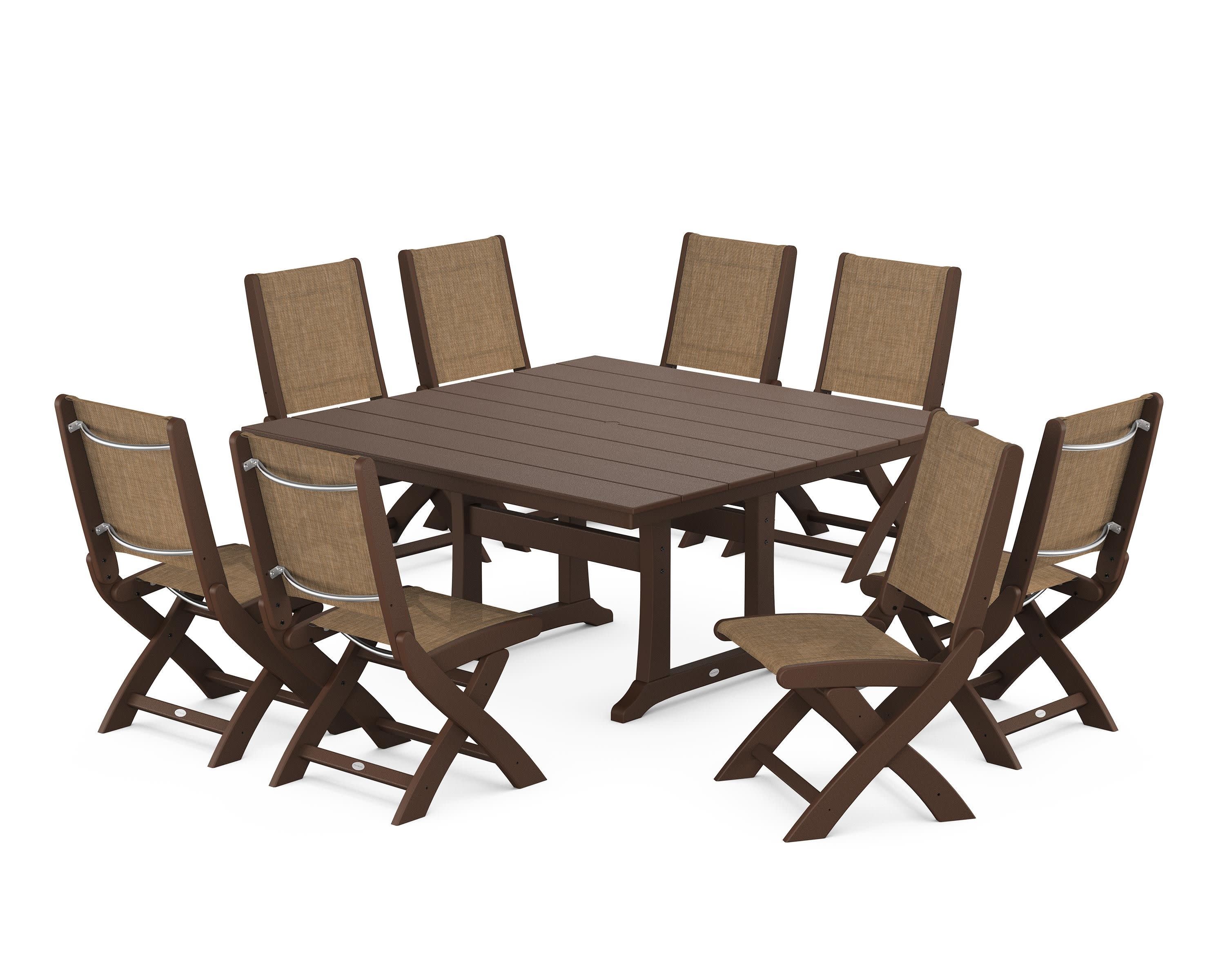 Coastal Folding Side Chair 9-Piece Farmhouse Dining Set in Mahogany / Burlap Sling