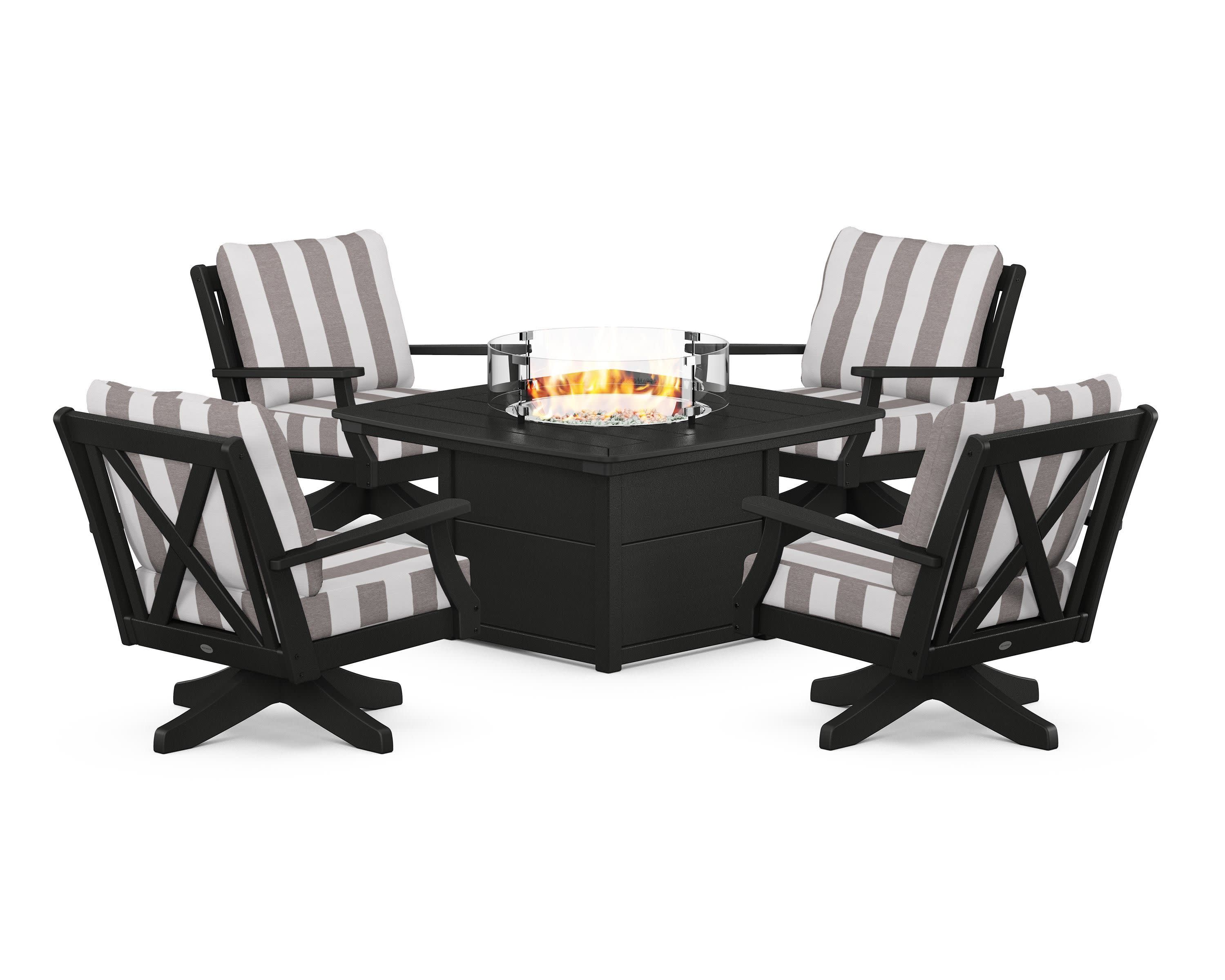 Braxton 5-Piece Deep Seating Swivel Conversation Set with Fire Pit Table in Black / Cabana Stripe Grey Mist