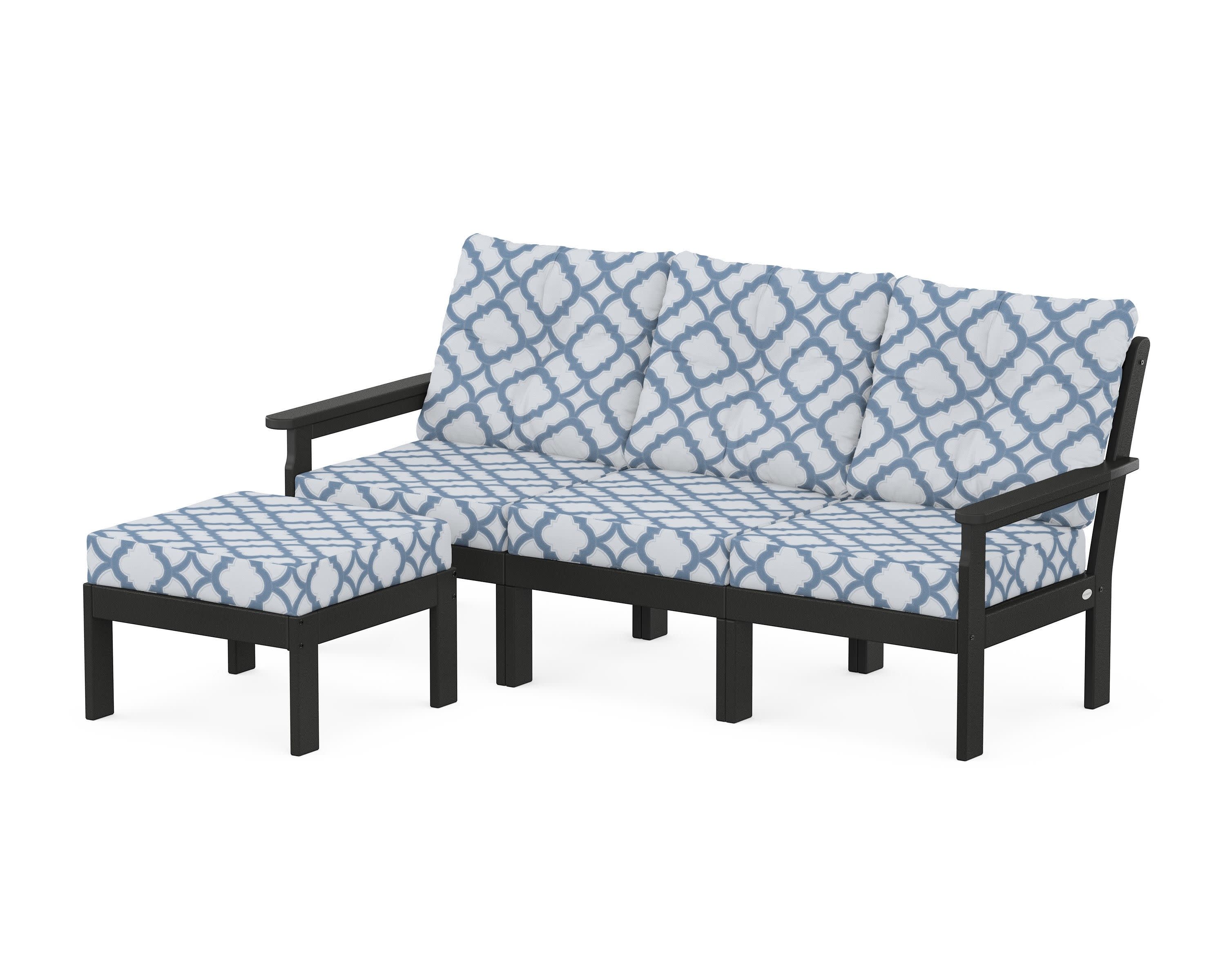 Vineyard 4-Piece Sectional with Ottoman in Black / Trellis Sky Blue
