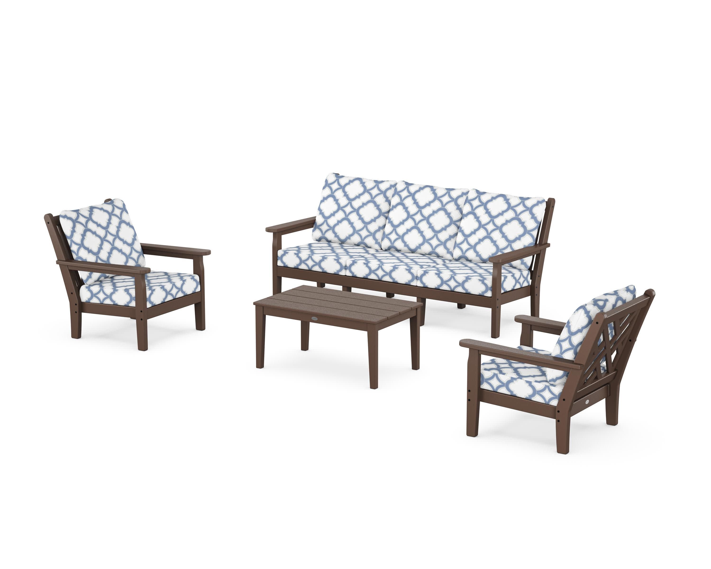 Chippendale 4-Piece Deep Seating Set with Sofa in Mahogany / Trellis Sky Blue