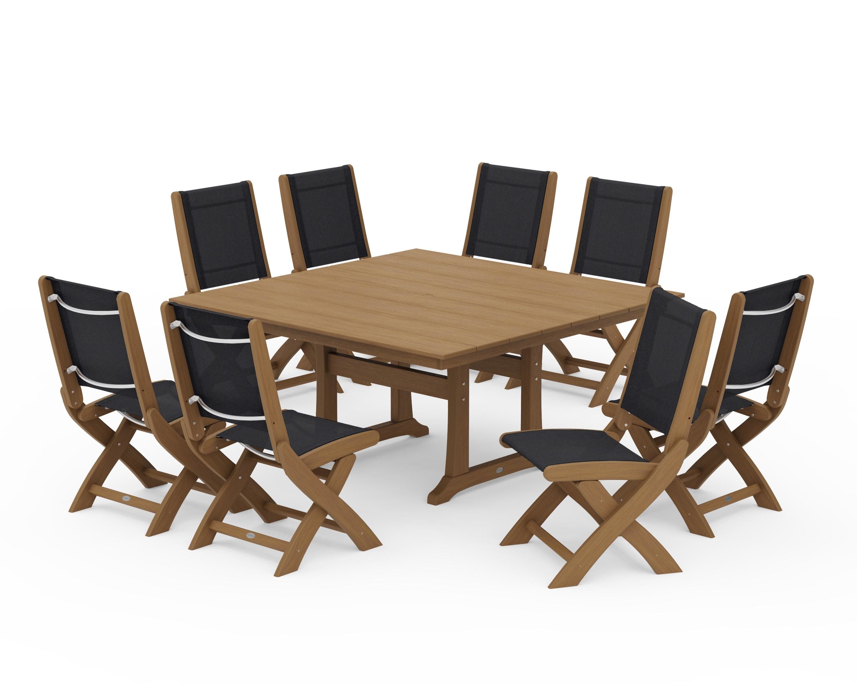 Coastal Folding Side Chair 9-Piece Farmhouse Dining Set in Natural / Black Sling