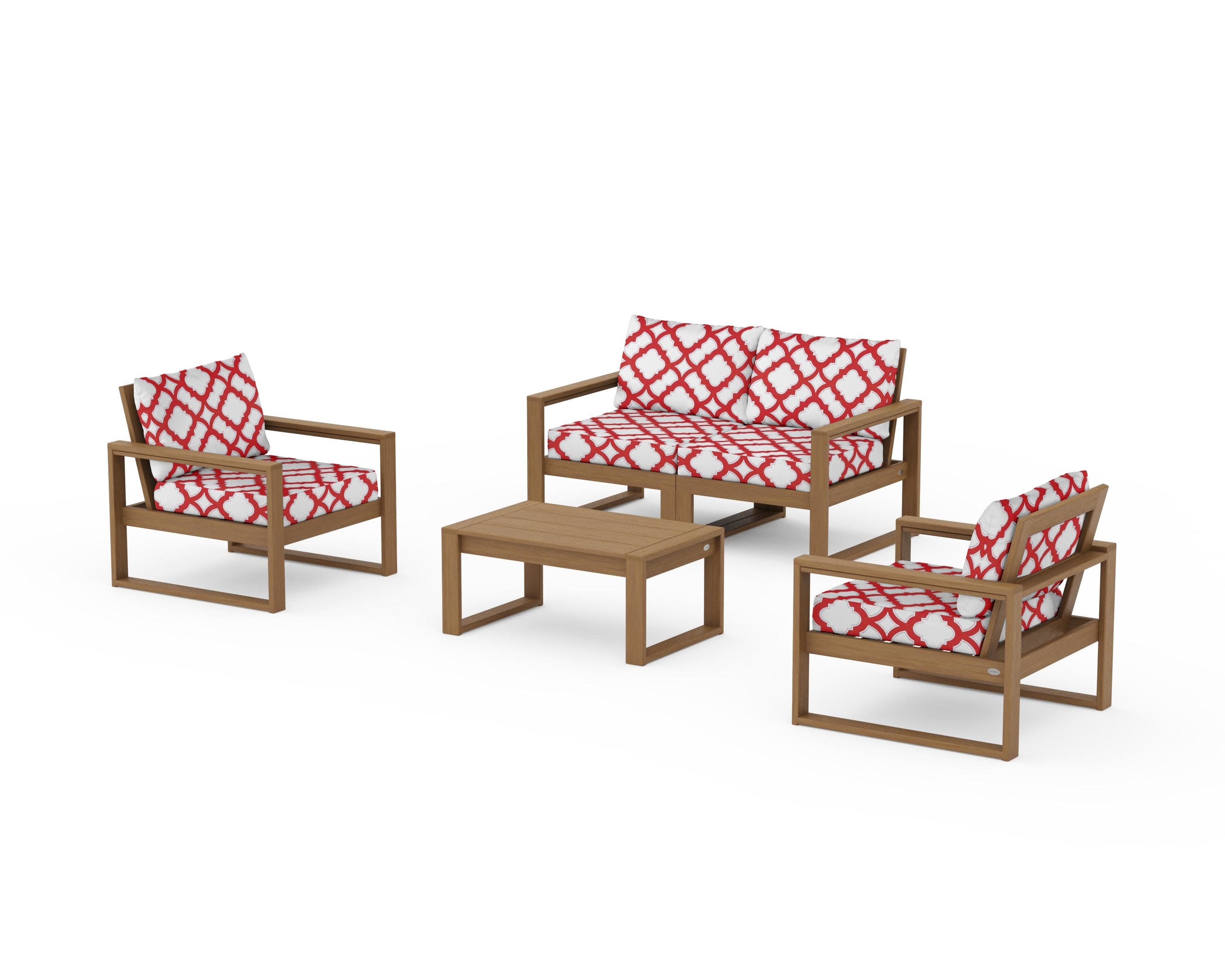 EDGE Sectional 4-Piece Deep Seating Set with Loveseat in Natural / Trellis Crimson