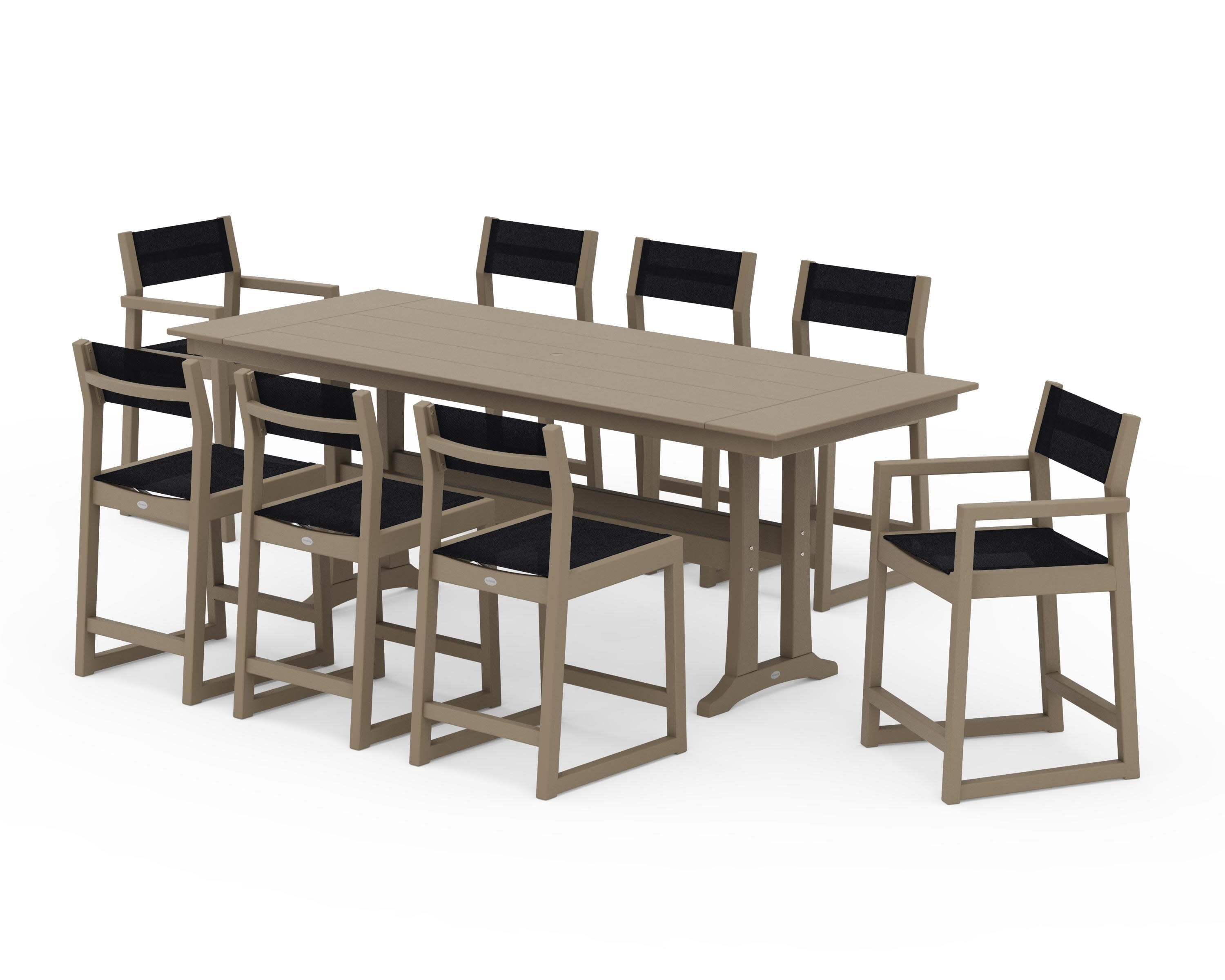 EDGE Sling 9-Piece Farmhouse Counter Set with Trestle Legs in Vintage Sahara / Black Sling