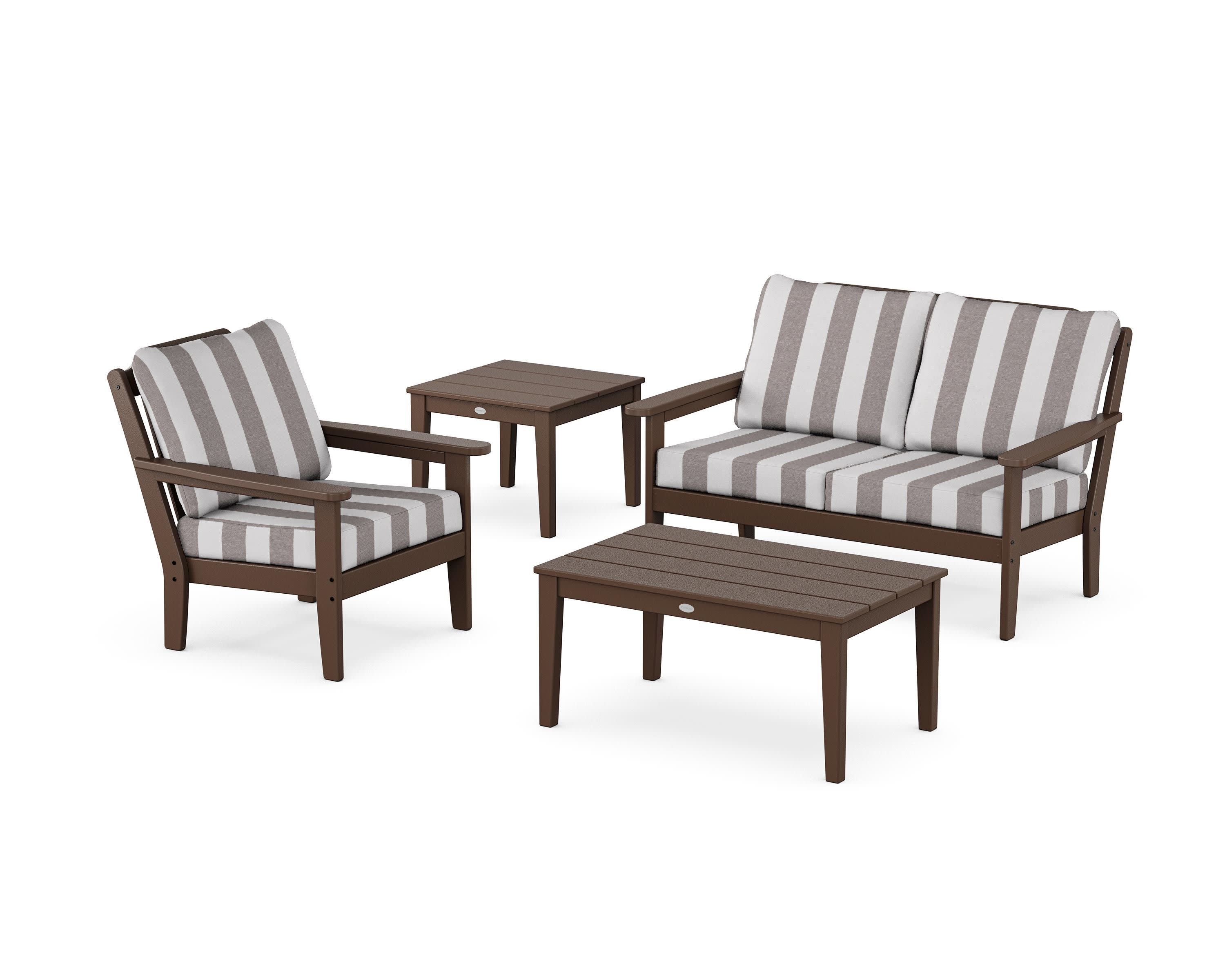 Wovendale 4-Piece Deep Seating Set in Mahogany / Cabana Stripe Grey Mist