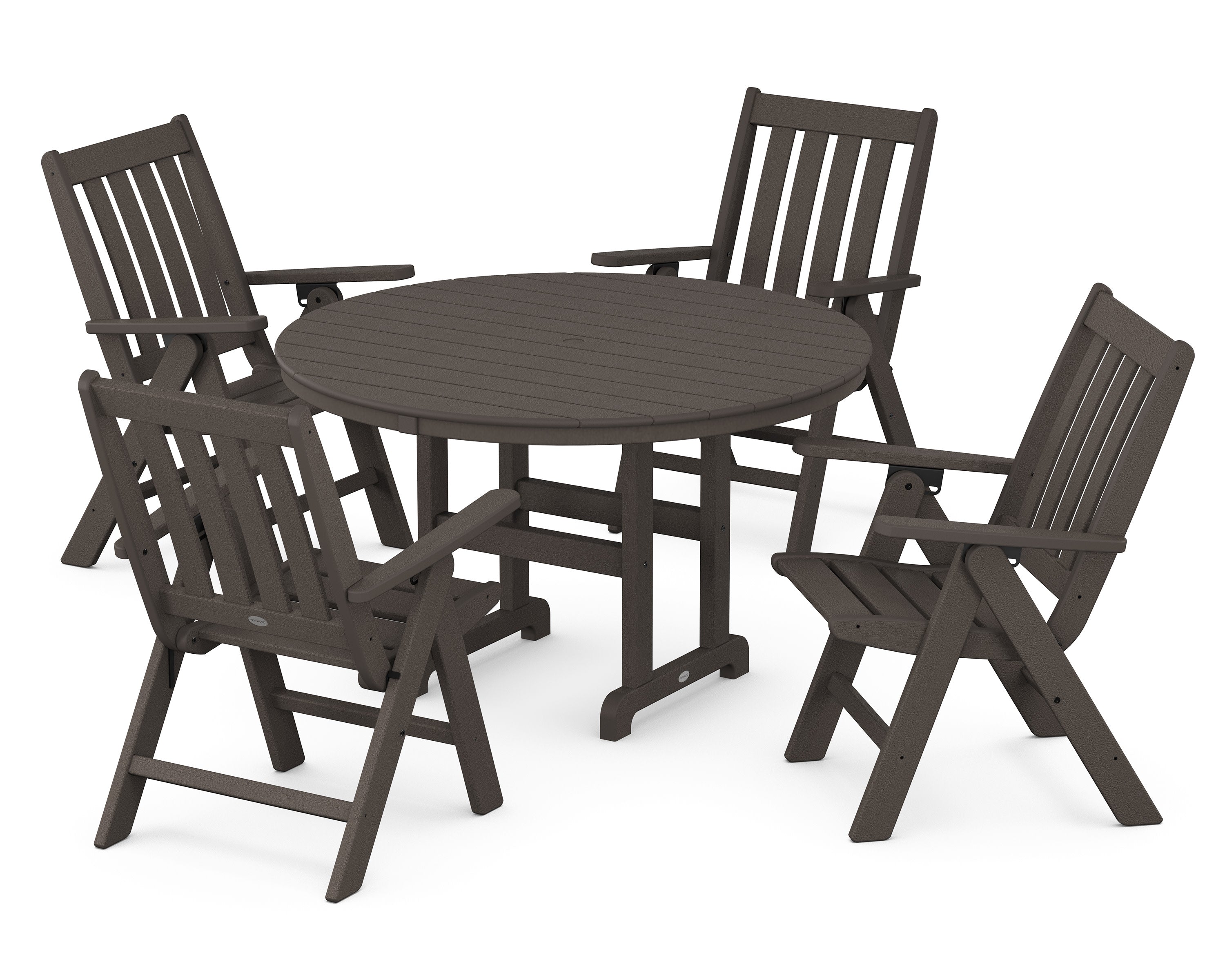 Vineyard Folding Chair 5-Piece Round Farmhouse Dining Set in Vintage Coffee