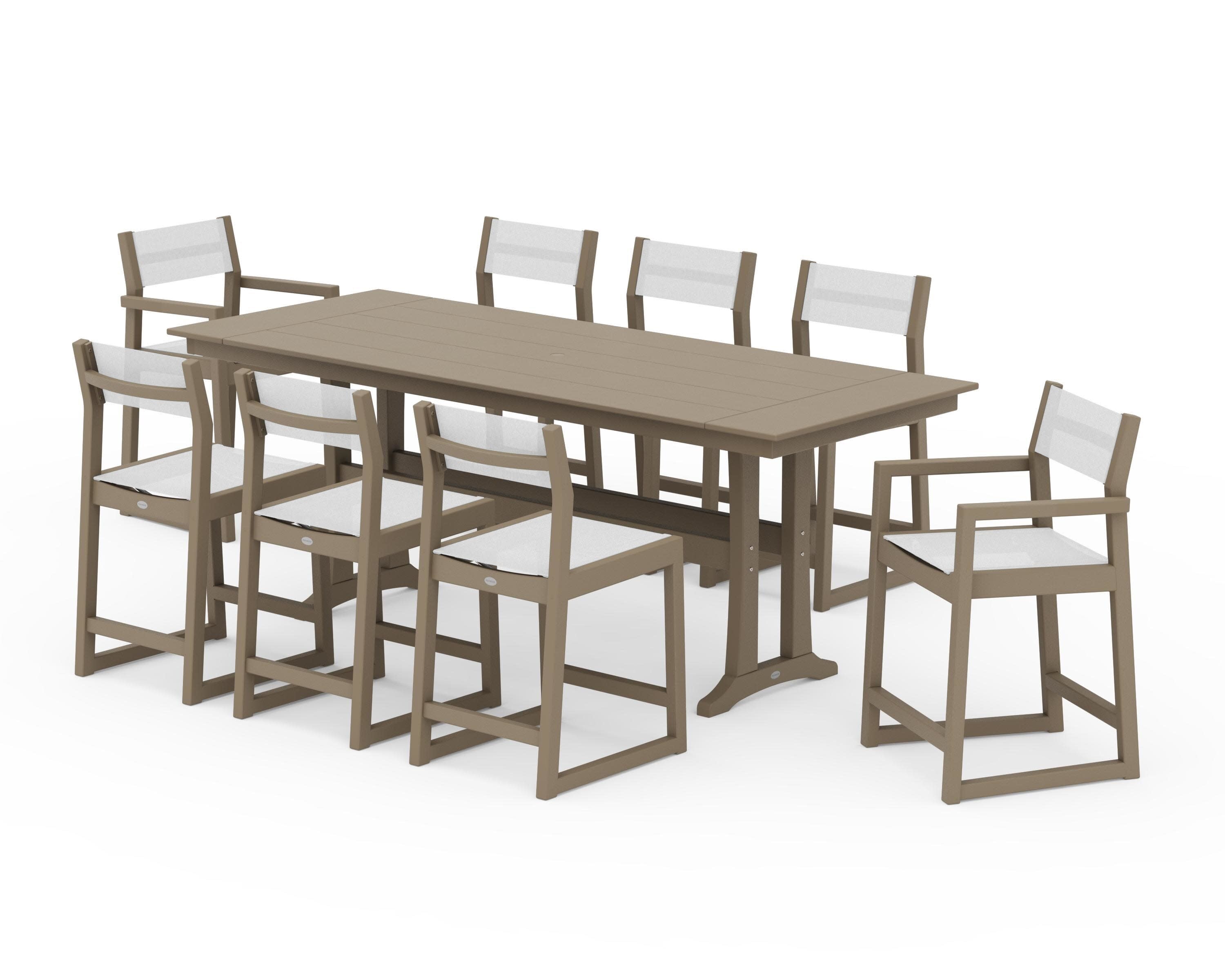 EDGE Sling 9-Piece Farmhouse Counter Set with Trestle Legs in Vintage Sahara / White Sling