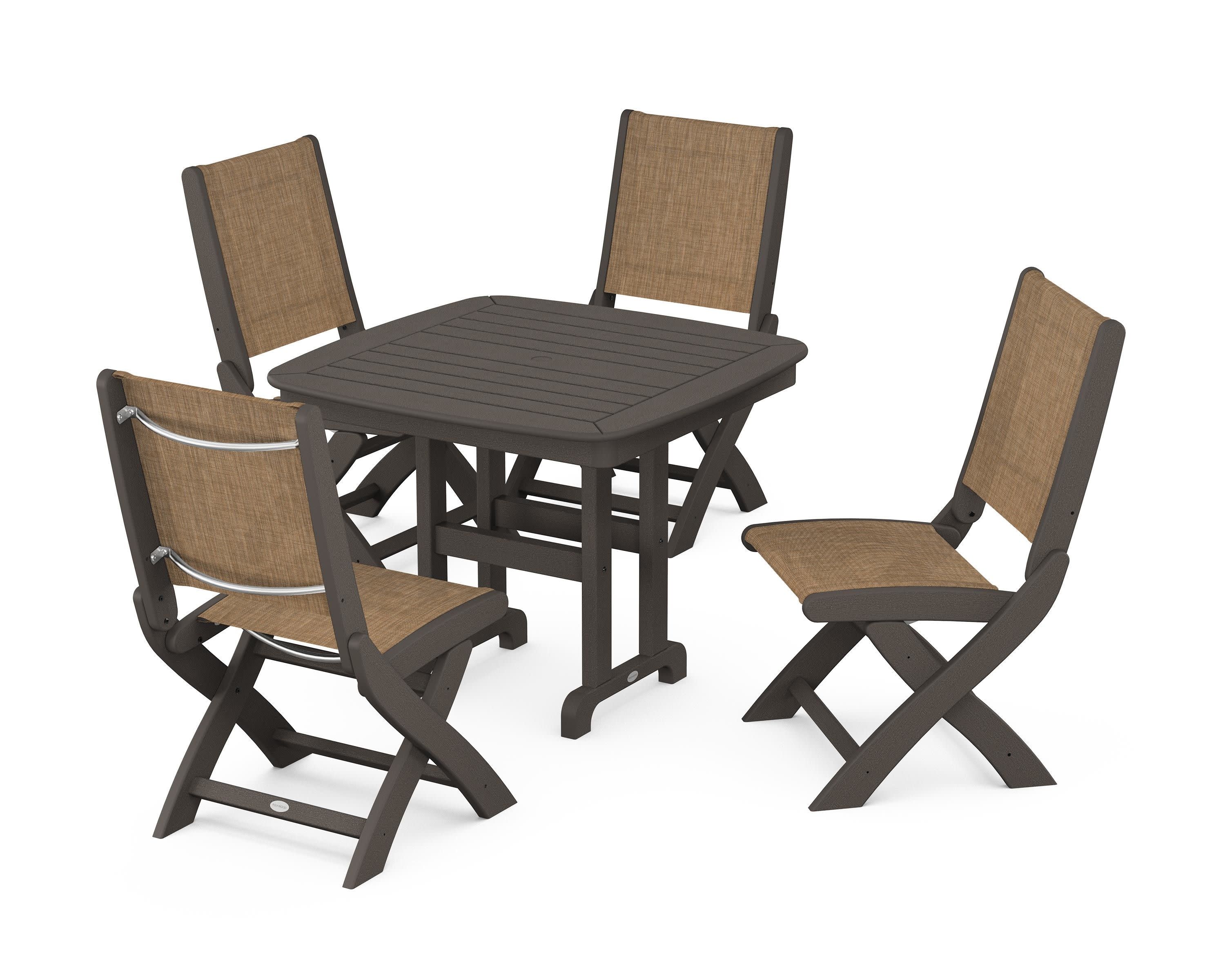 Coastal Folding Side Chair 5-Piece Dining Set in Vintage Coffee / Burlap Sling