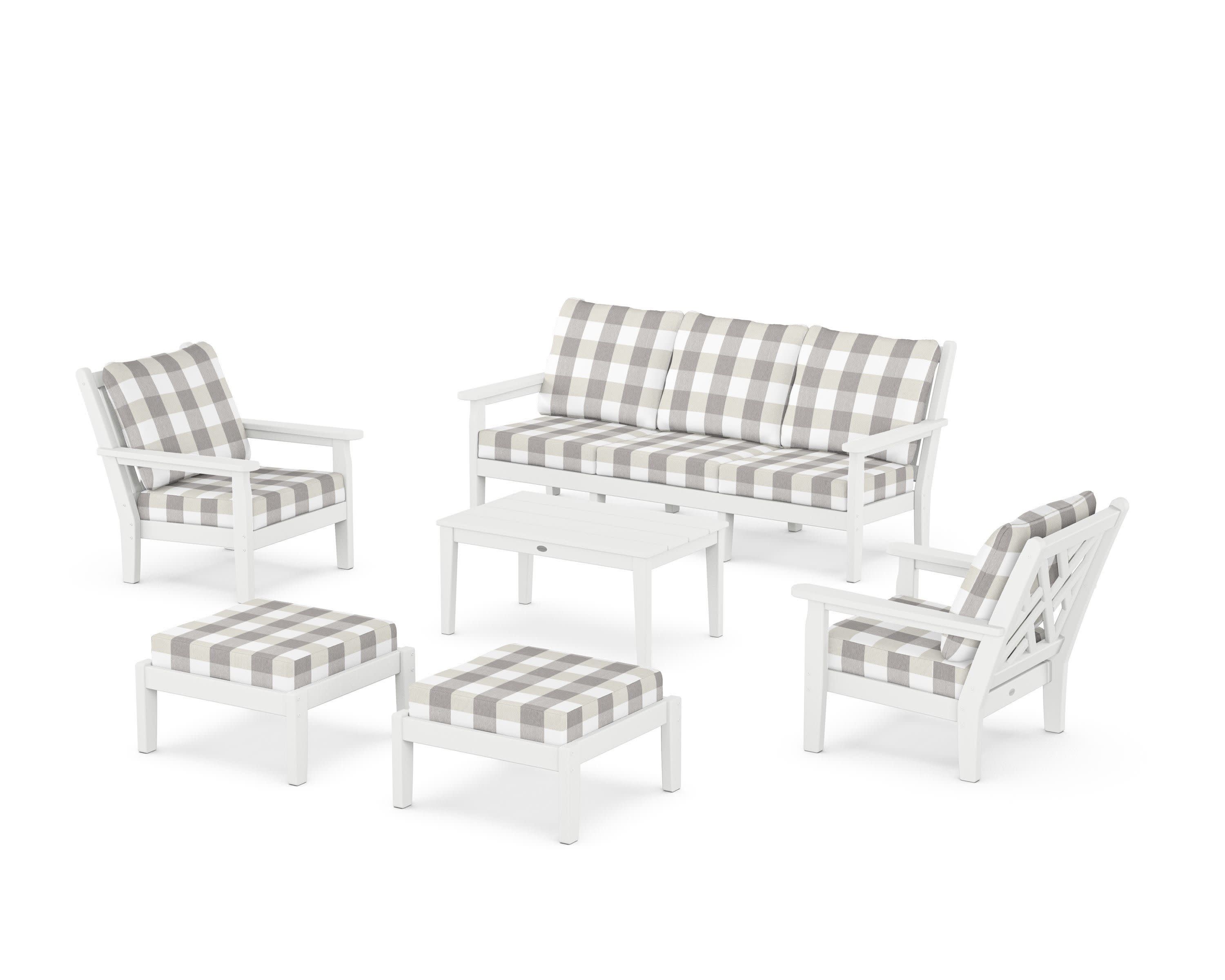 Chippendale 6-Piece Lounge Sofa Set in White / Buffalo Plaid Grey Mist