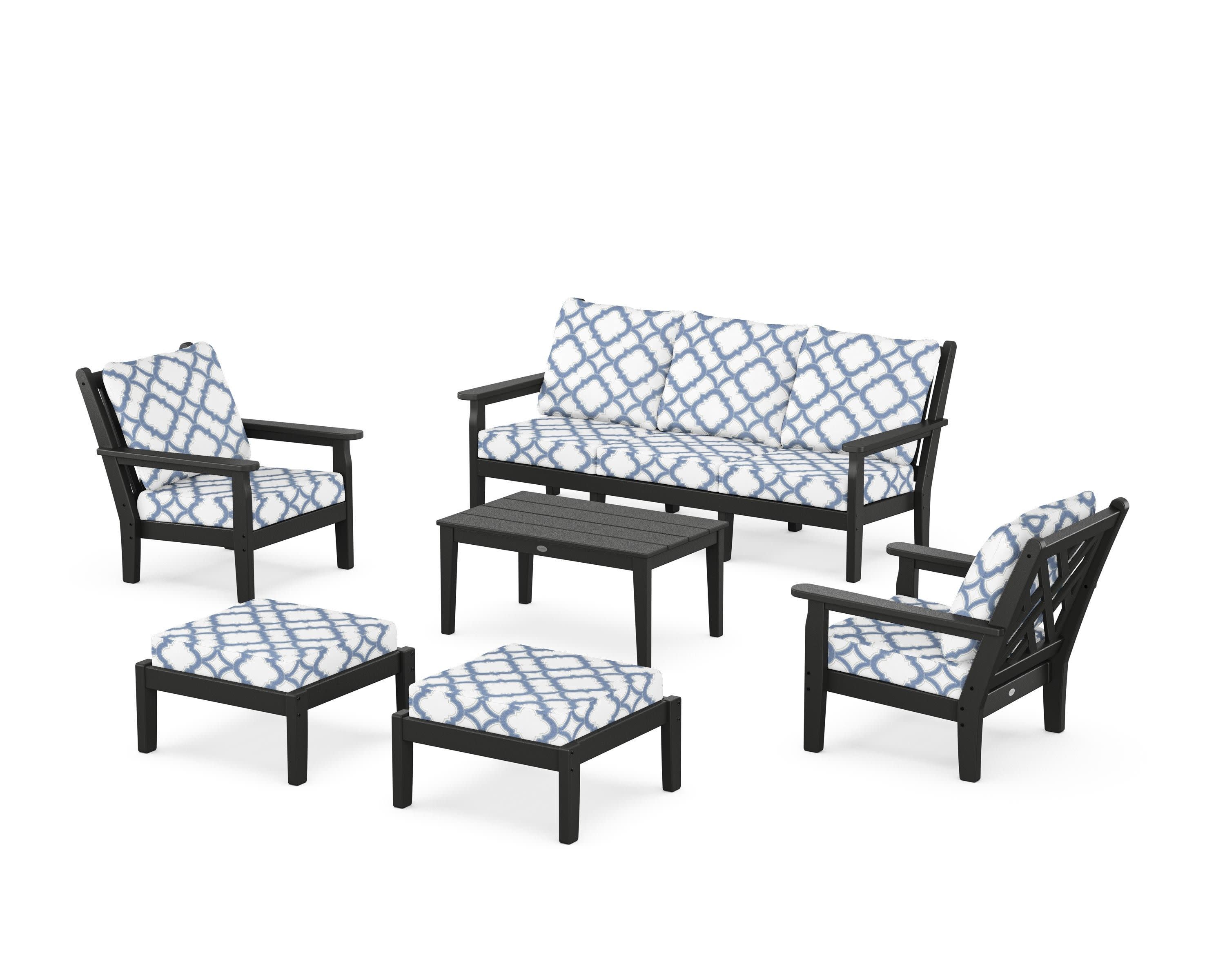 Chippendale 6-Piece Lounge Sofa Set in Black / Trellis Sky Blue