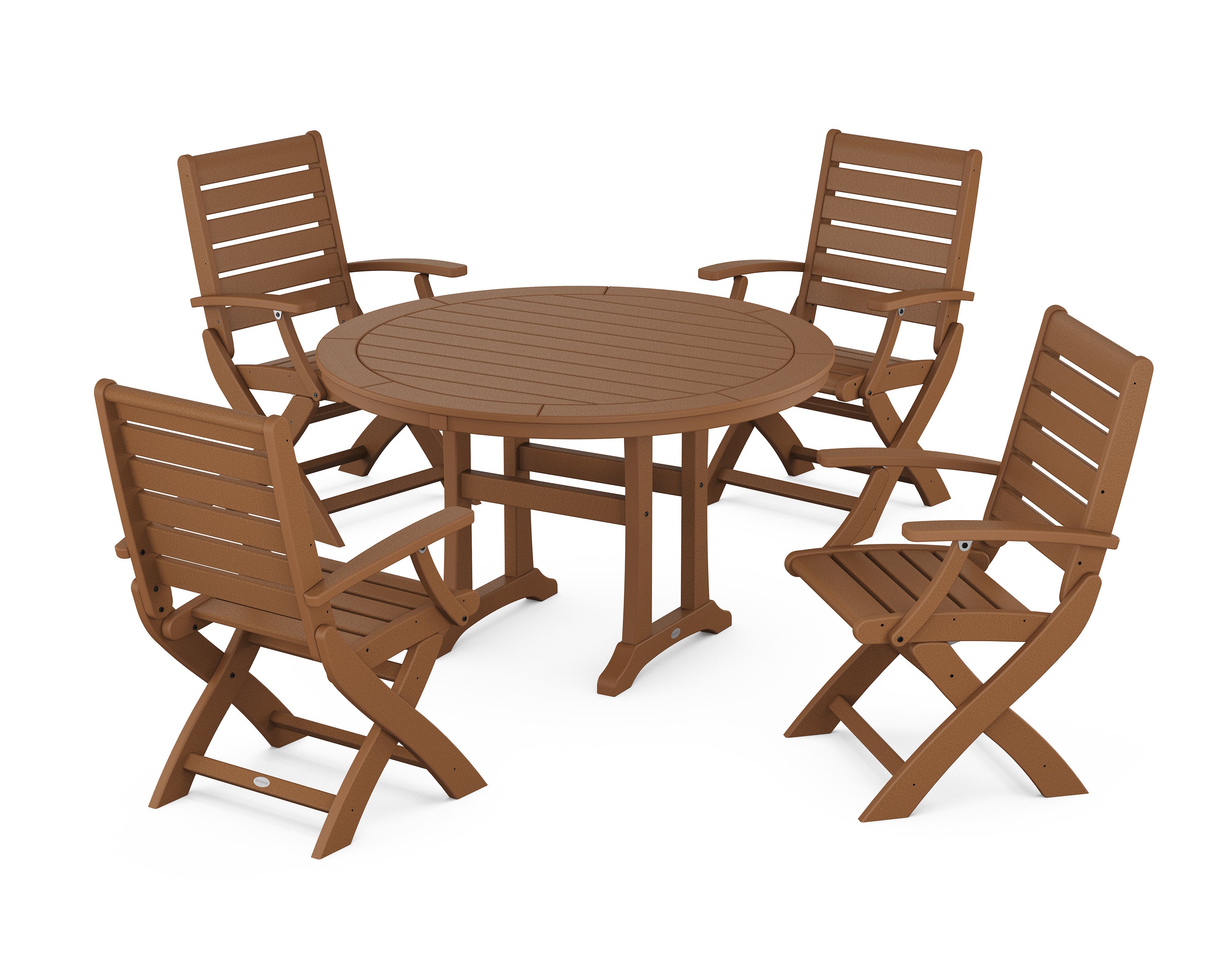 Signature Folding Chair 5-Piece Round Dining Set with Trestle Legs in Teak