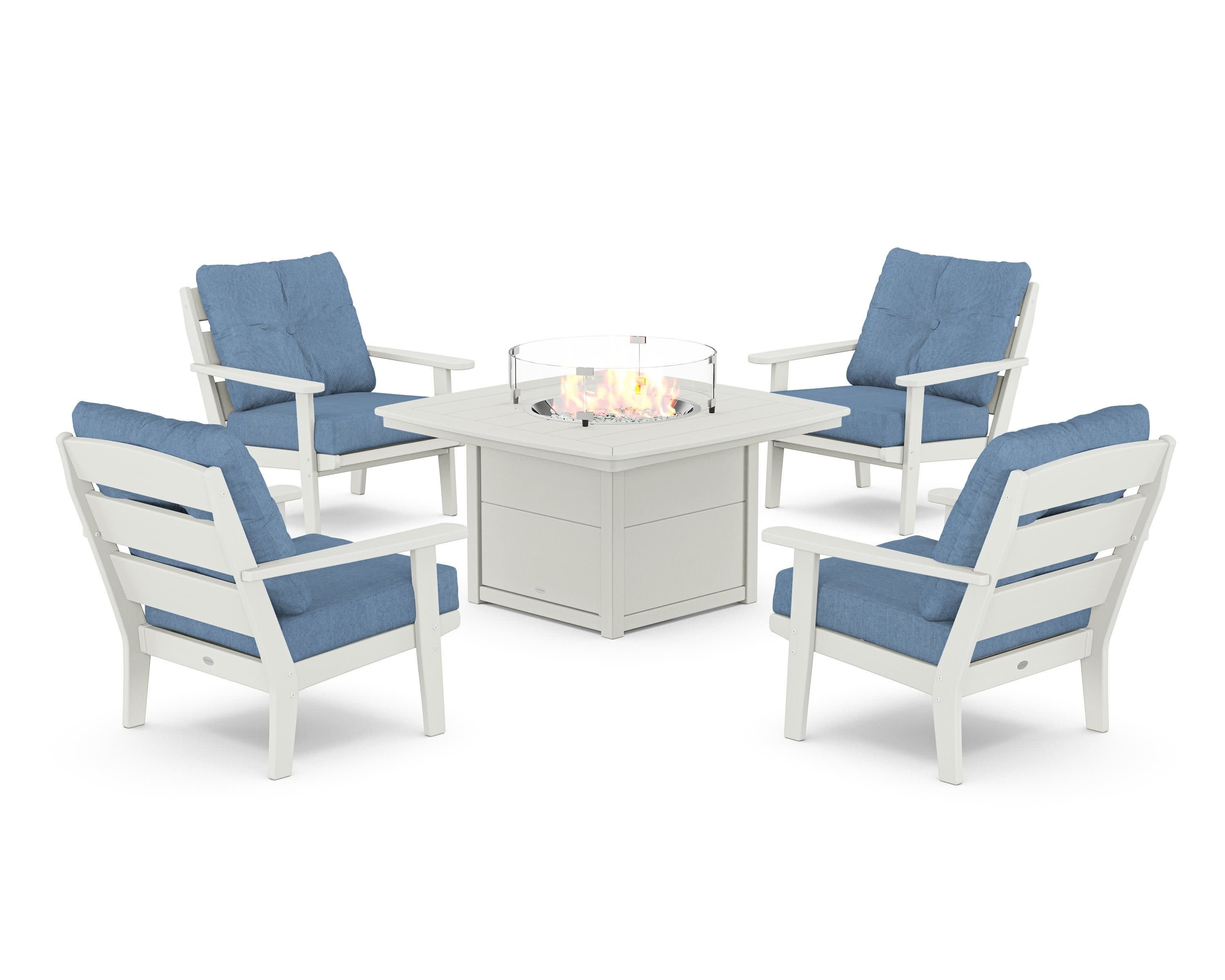 Lakeside 5-Piece Deep Seating Set with Nautical Fire Pit Table in Vintage White / Sky Blue