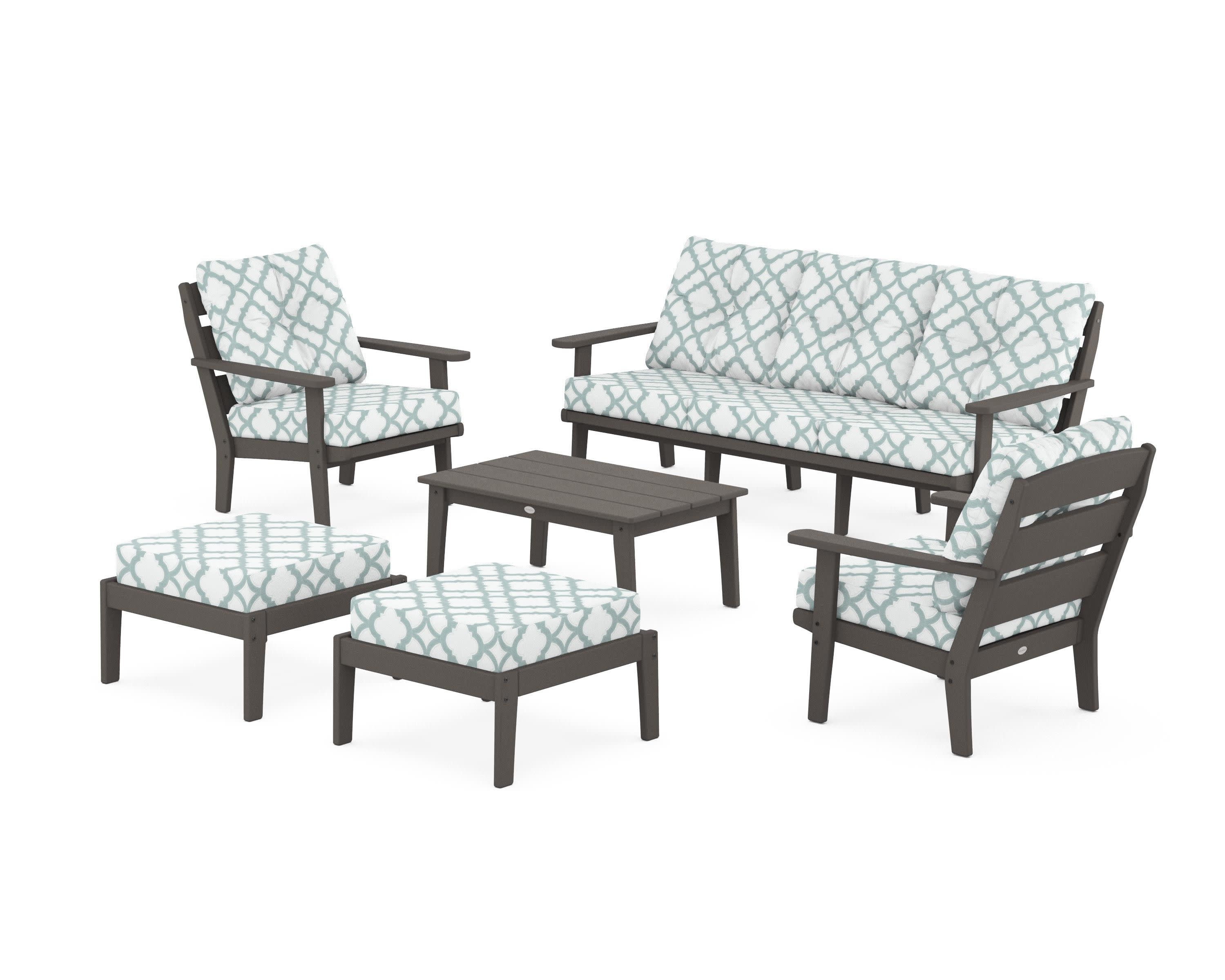 Lakeside 6-Piece Lounge Sofa Set in Vintage Coffee / Trellis Glacier Spa