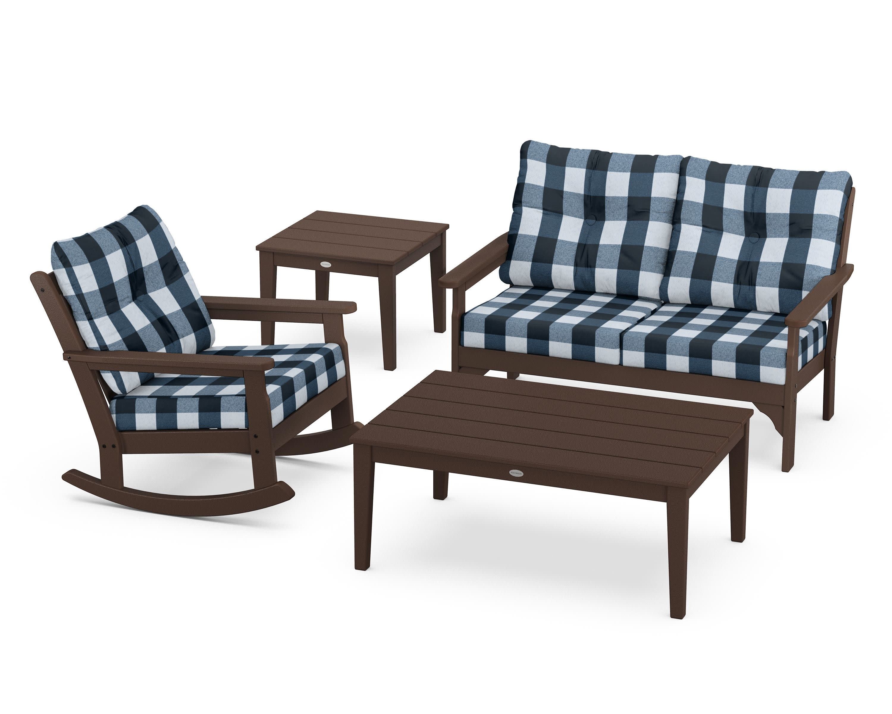 Vineyard 4-Piece Deep Seating Rocker Set in Mahogany / Buffalo Plaid Marine Indigo