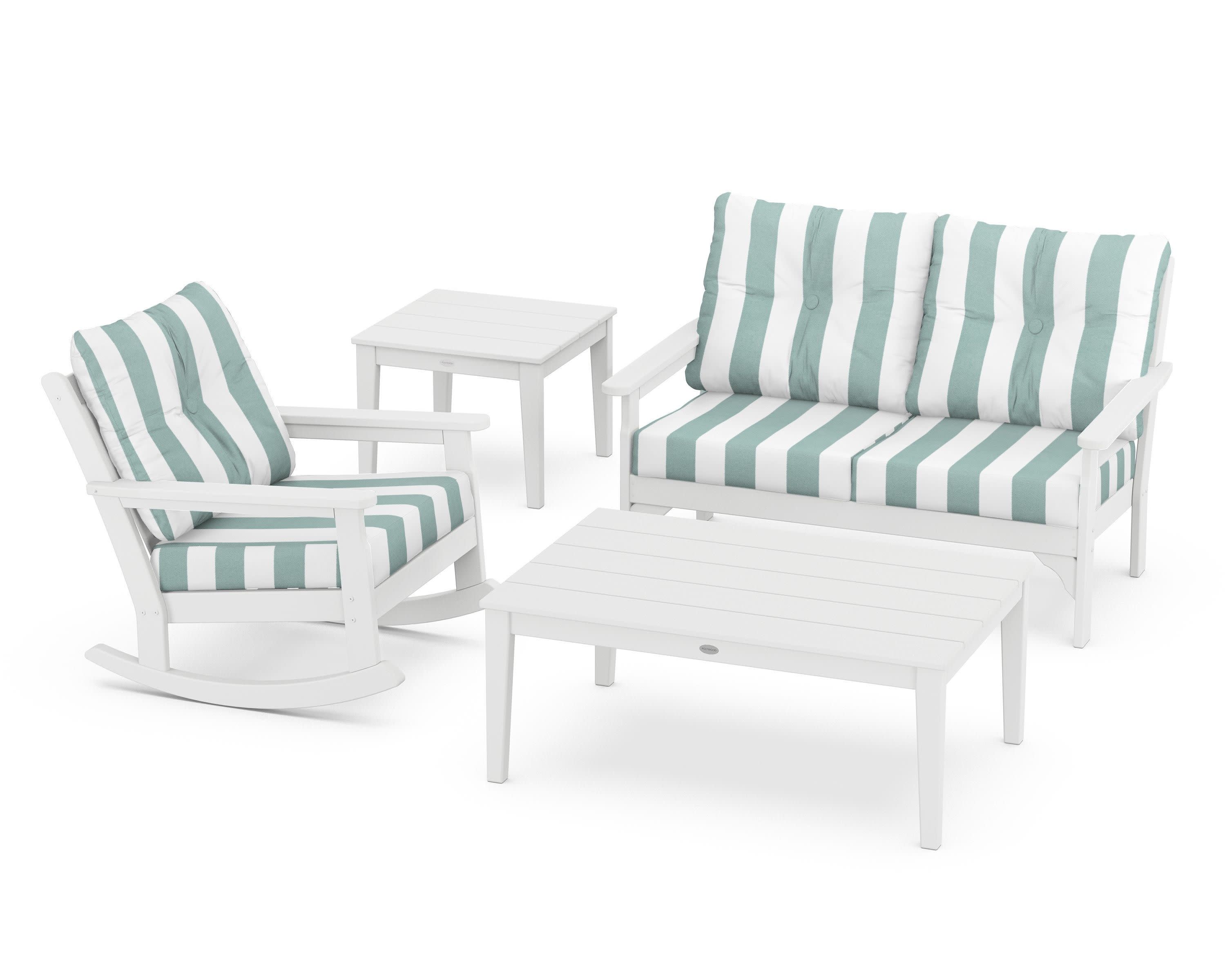 Vineyard 4-Piece Deep Seating Rocker Set in White / Cabana Stripe Glacier Spa